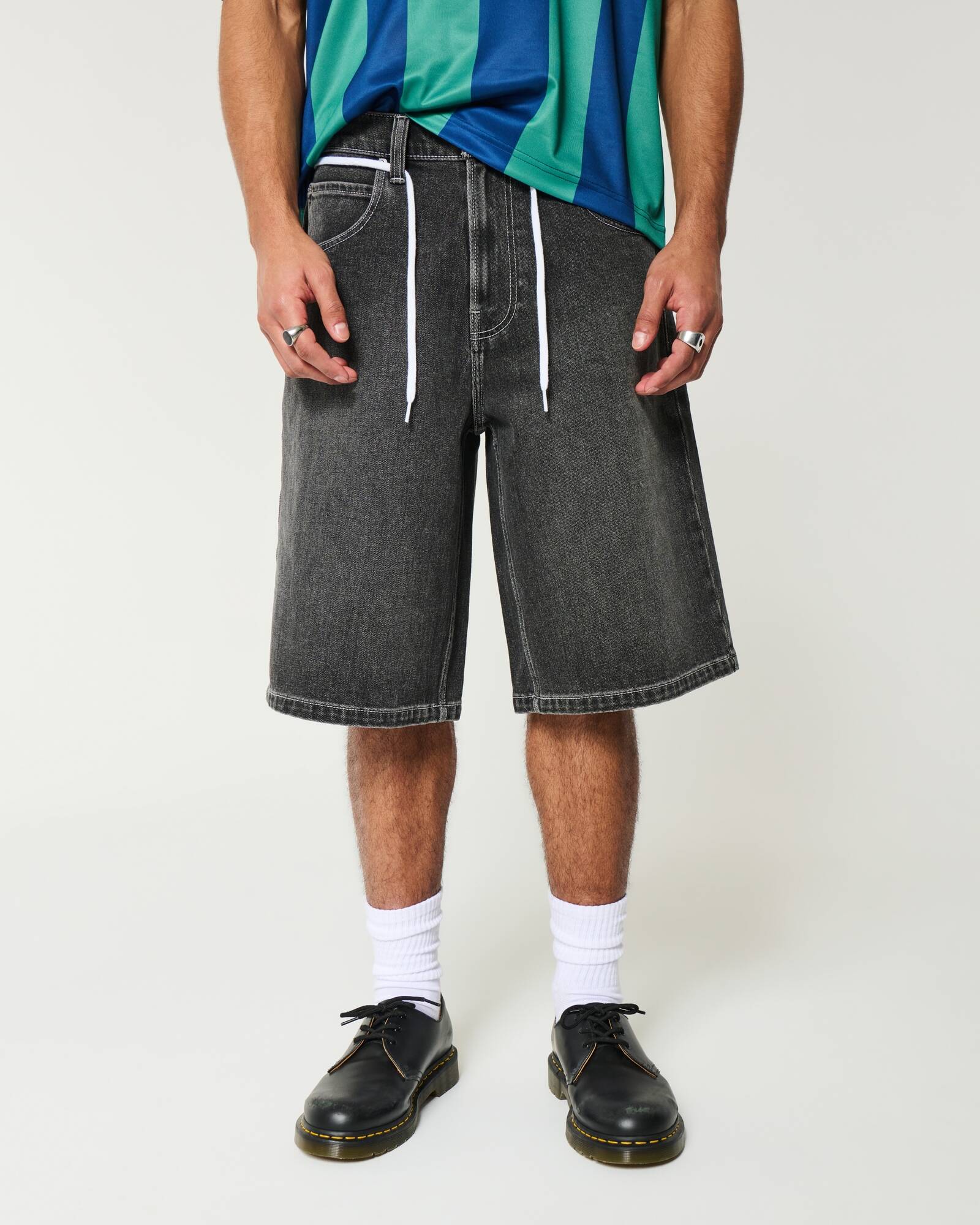 Washed Black Cat Graphic Super Baggy Denim Shorts