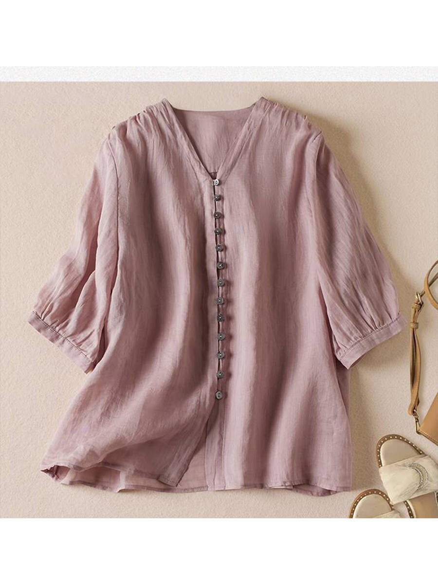 🔥Summer Arrivals🌟Women's V Neck Cotton and Linen Shirt