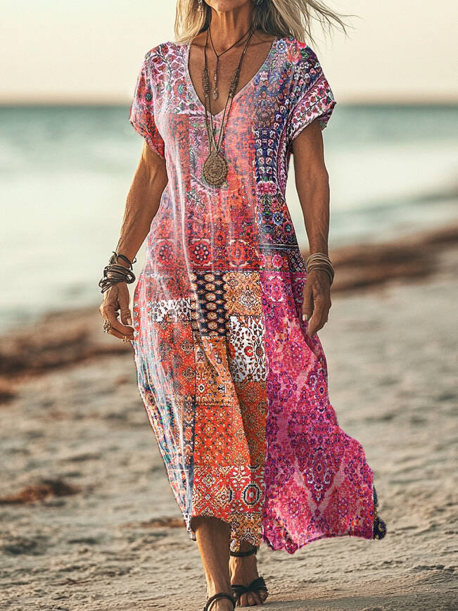 Women's Vintage Floral Patchwork Art Print Pocket Cotton Dress
