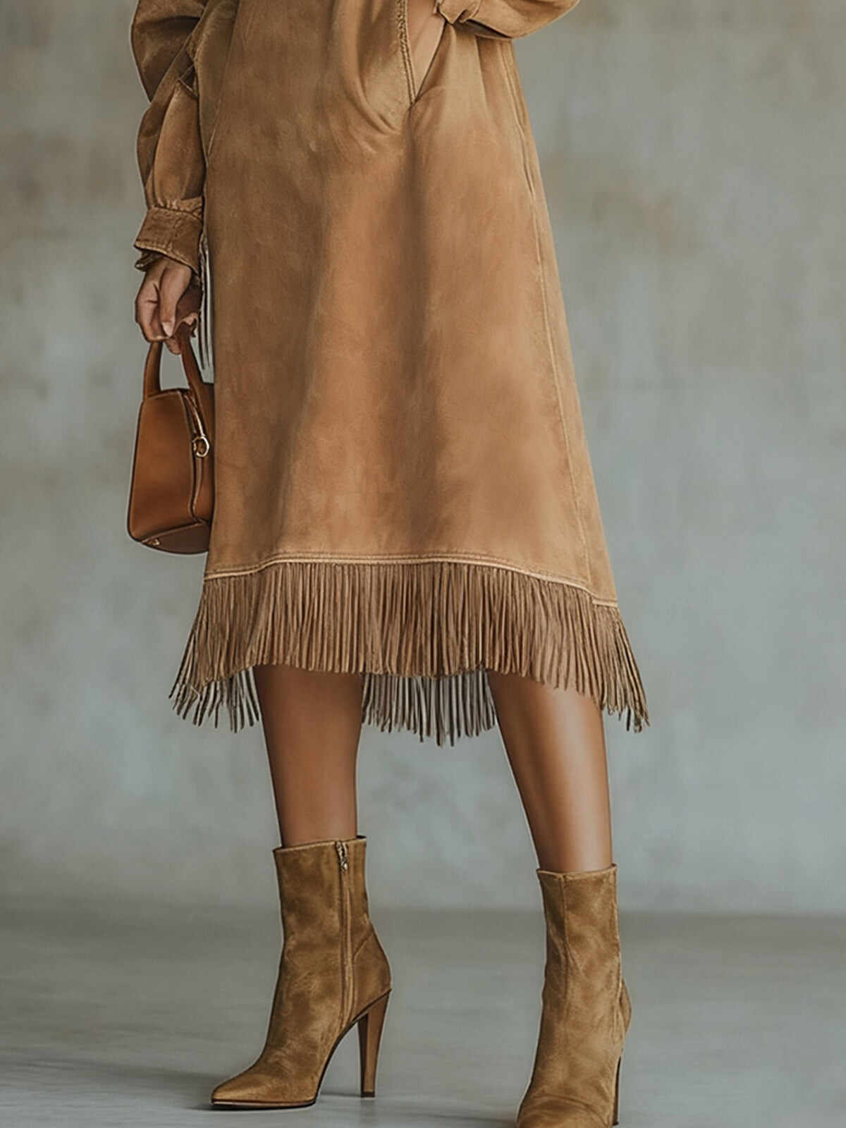 Khaki Square Suede Turtleneck Long Dress With Fringed Hem