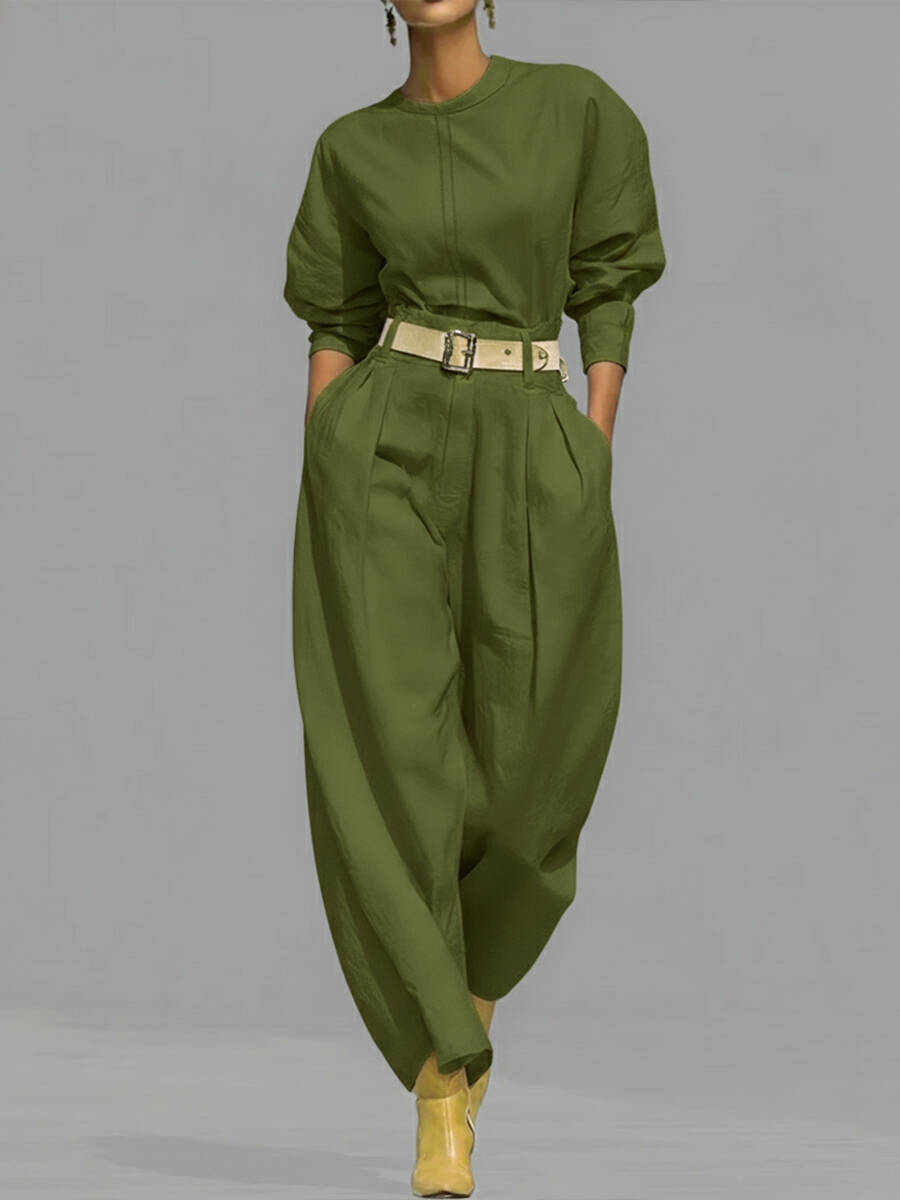 🔥Summer Arrivals🌟Casual Linen And Cotton Crew-neck Shirt And High-waisted Tapered Trousers Two-piece Set.