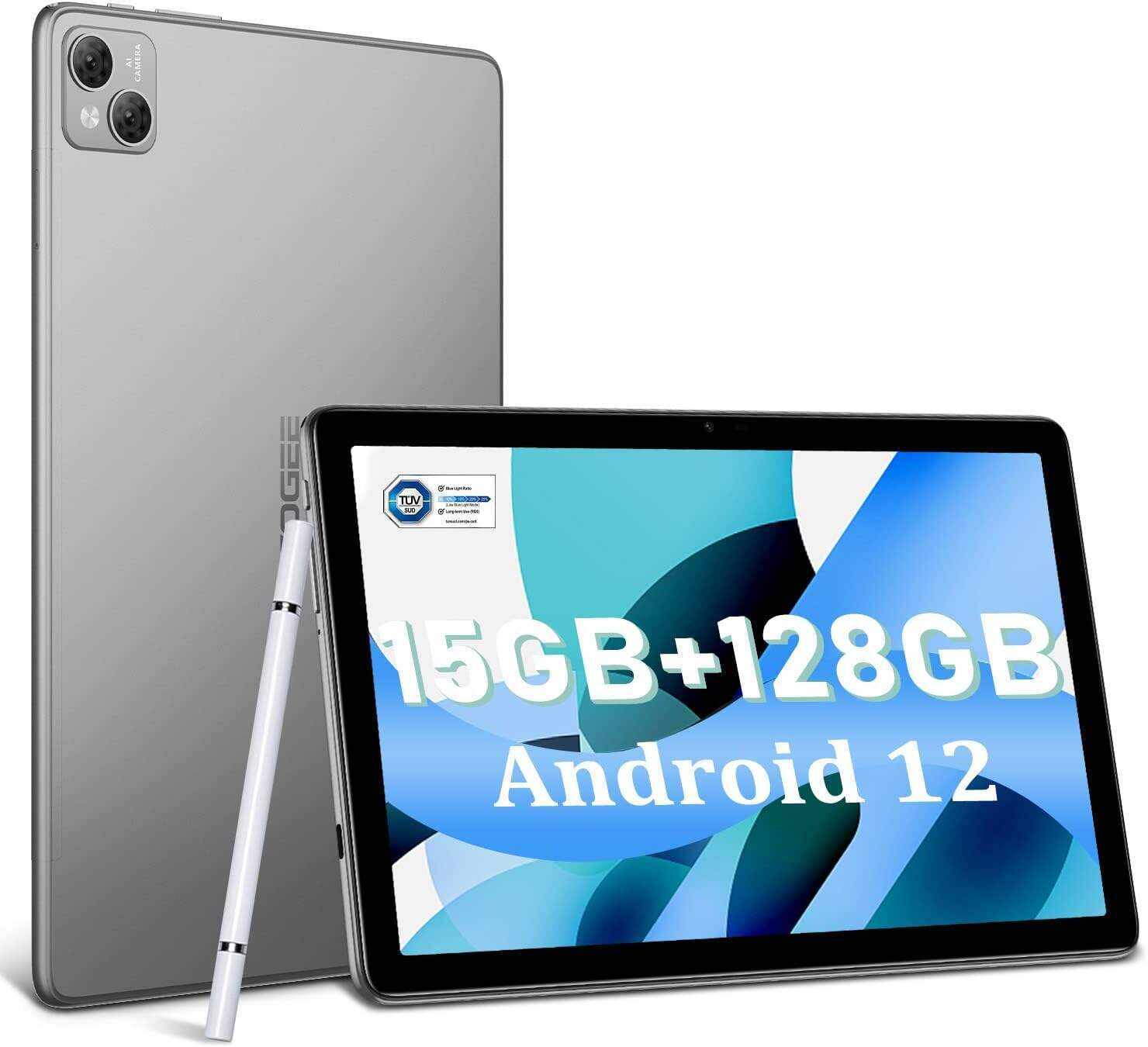 T10 Android Tablet 2K HD 10.1 inch, 15GB RAM 128GB ROM(TF 1TB), Octa-Core Android 12 OS, Battery 8300mAh, 2.4/5G WiFi&Bluetooth 5.0, 13MP+8MP Camera, TÜV Low Bluelight Tablet for Kids (Silvery)