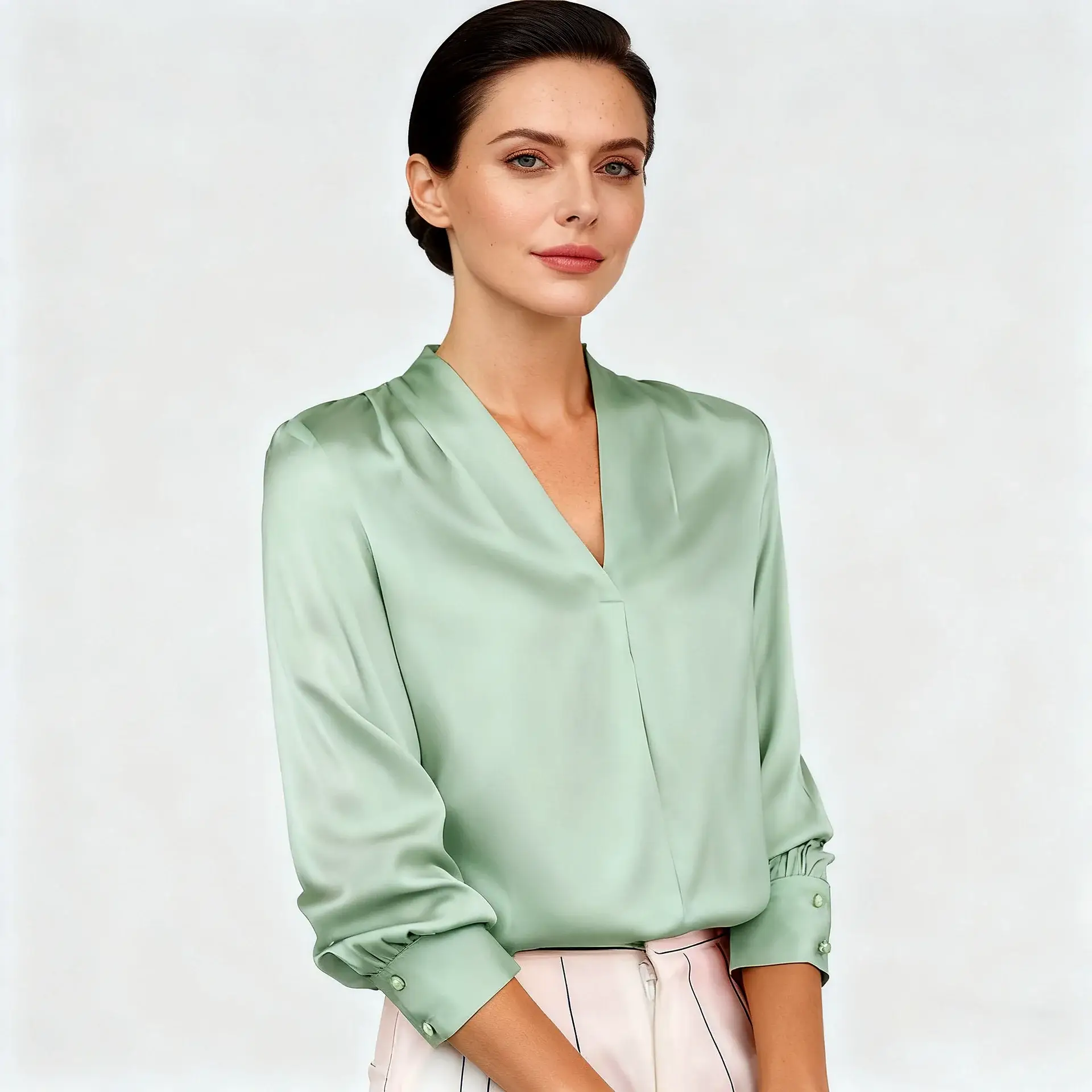 Spring V-neck Silk Shirt for Women