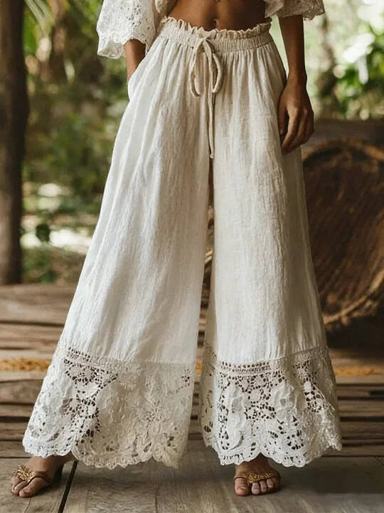 🔥Summer Arrivals🌟Women's Solid Color High-waisted Drawstring Wide-leg Pants With Cotton And Linen Lace Trim