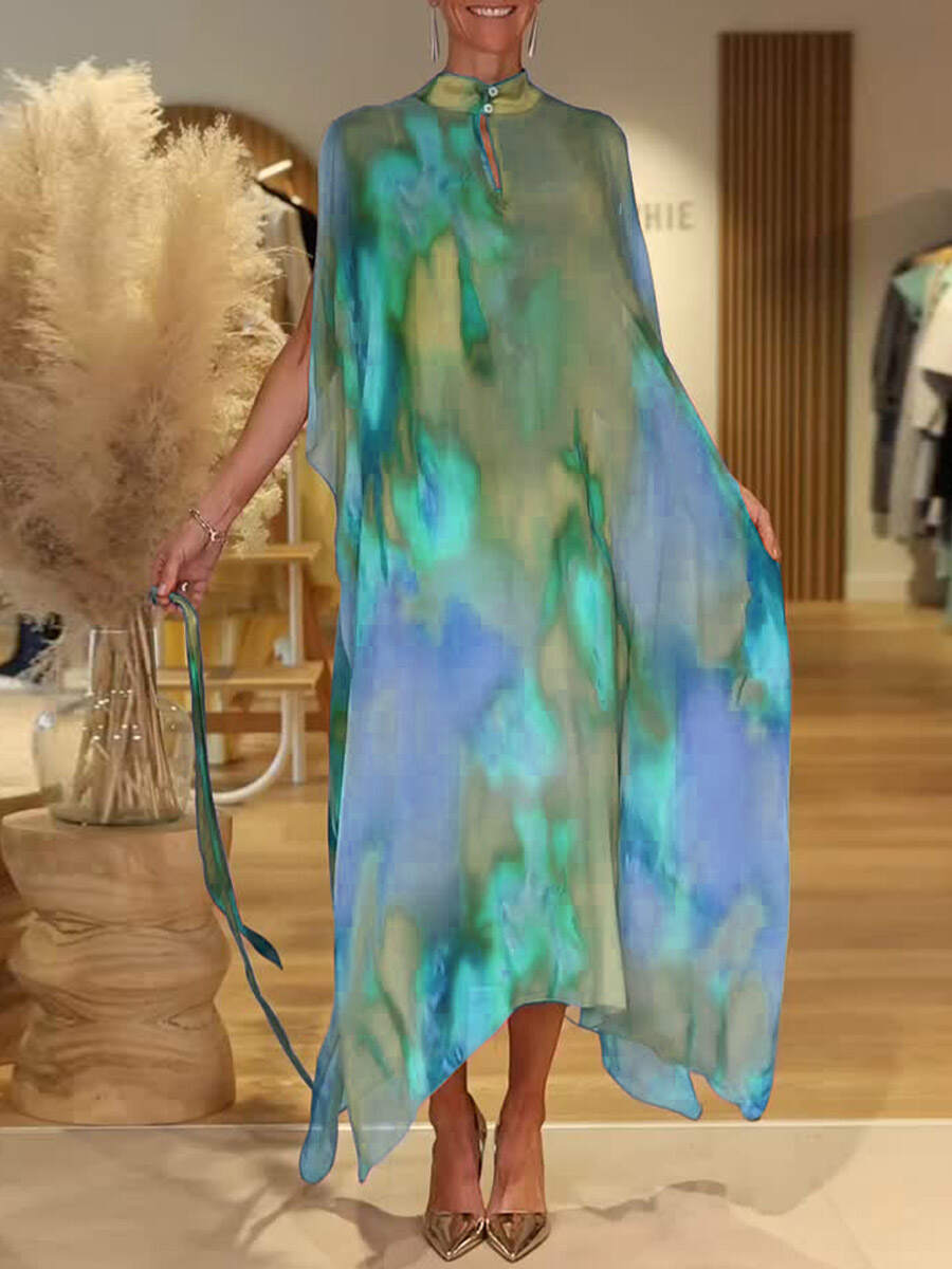 🔥Summer Arrivals🌟Women's Colorful Tie-Dye Stand Collar Sleeveless Casual Loose Chiffon Dress