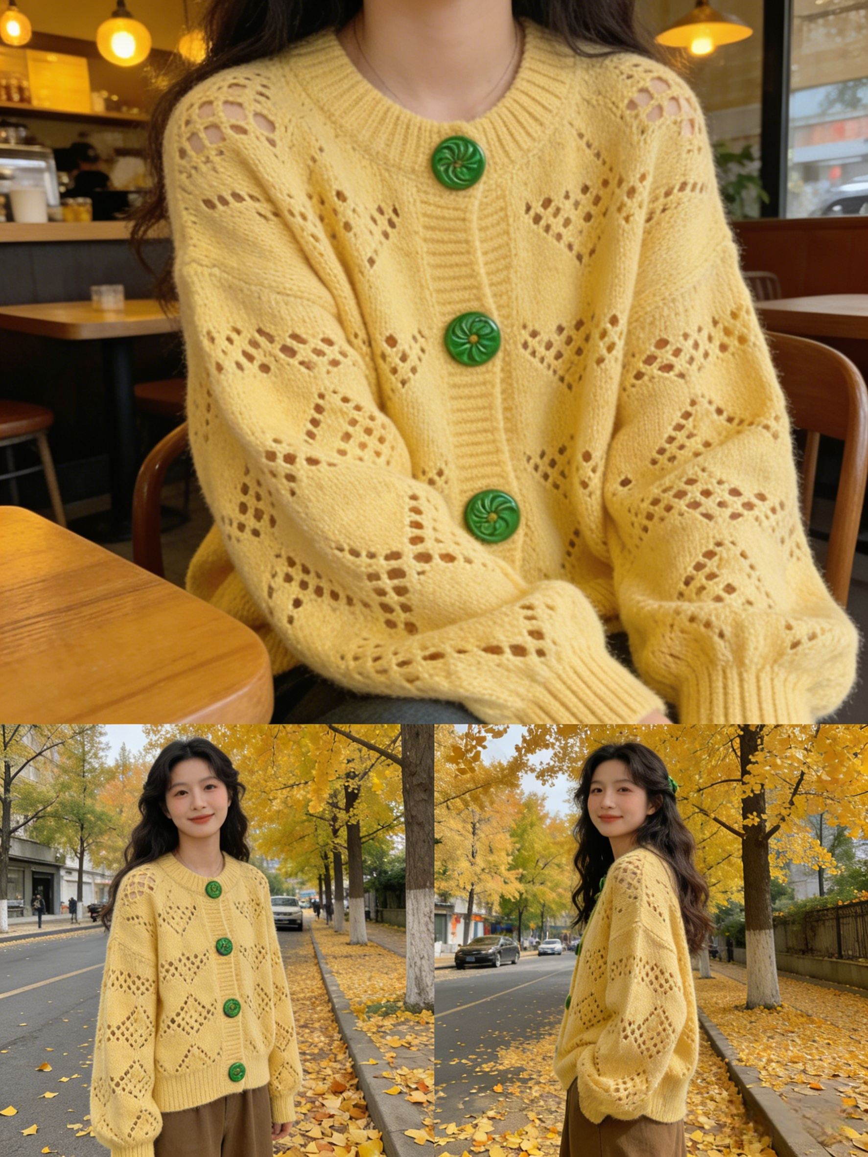 Loose Yellow Button Hollow Out  Cotton Knit Coats Long Sleeve