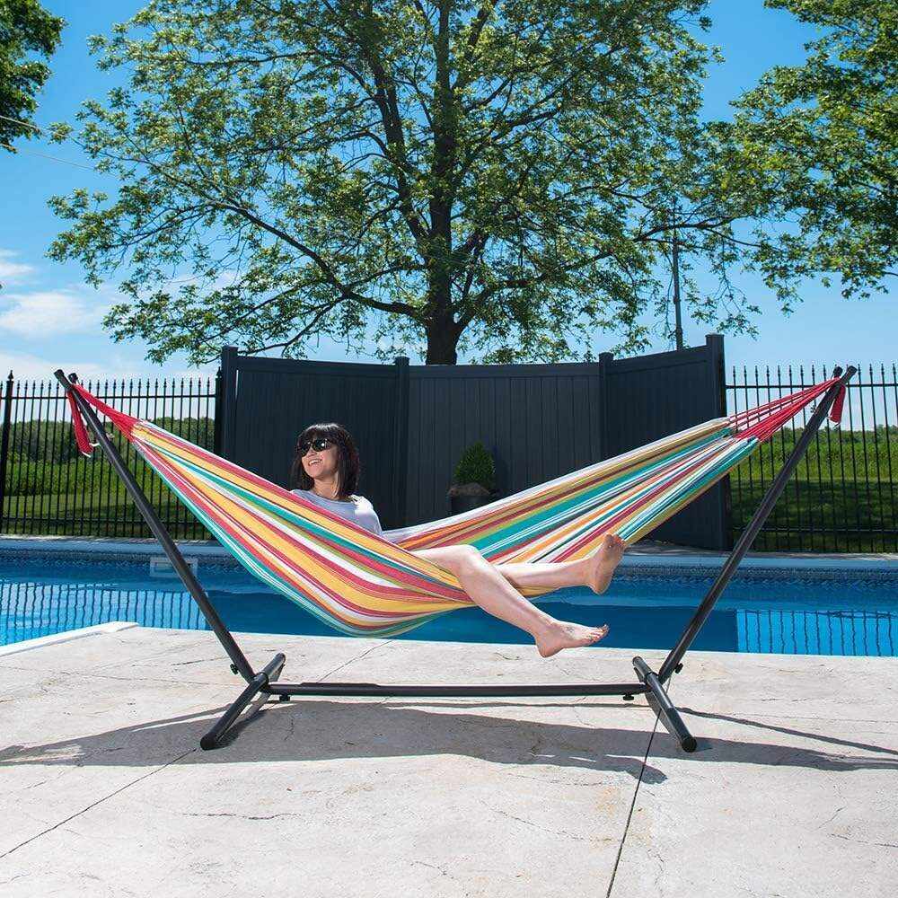 Double Cotton Hammock with Space Saving Steel Stand, Tropical (450 lb Capacity - Premium Carry Bag Included)