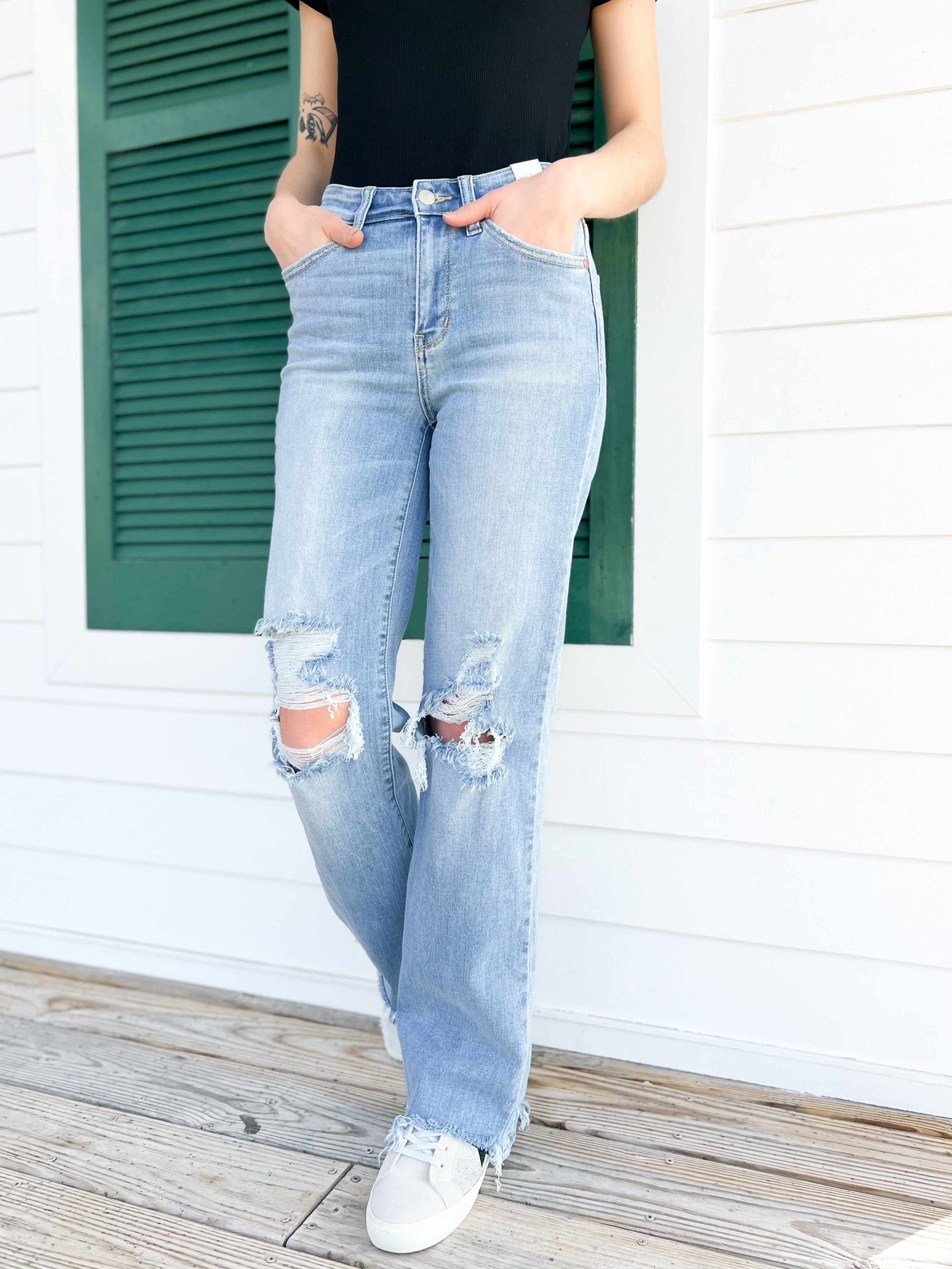 🔥Hot Sales🔥Wonderwall High Rise 90s Destroyed Knee Straight Leg Jeans