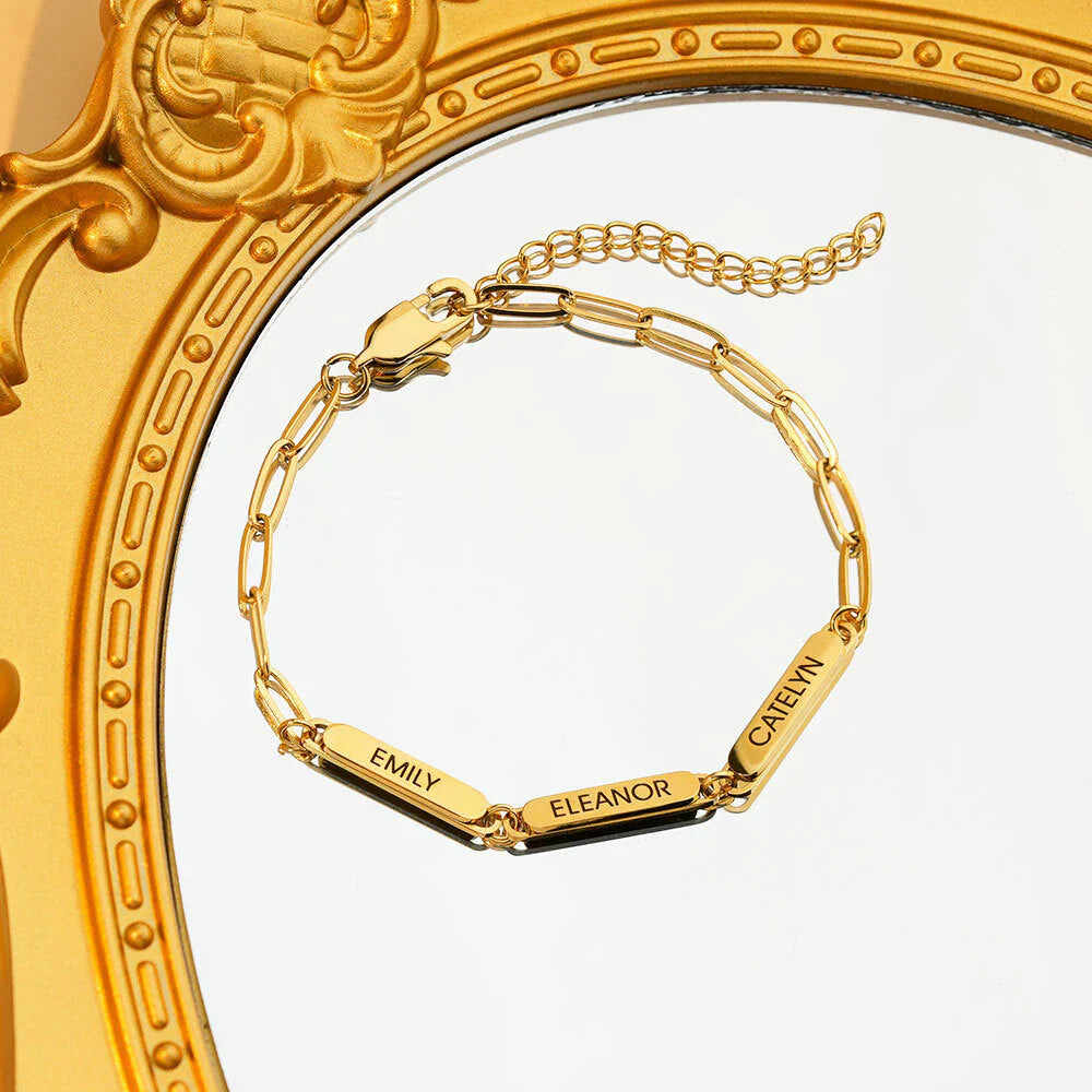 National Parents' Day❤Personalized Family Name Bar Bracelet Engraved Charm with a Dainty Paperclip Chain