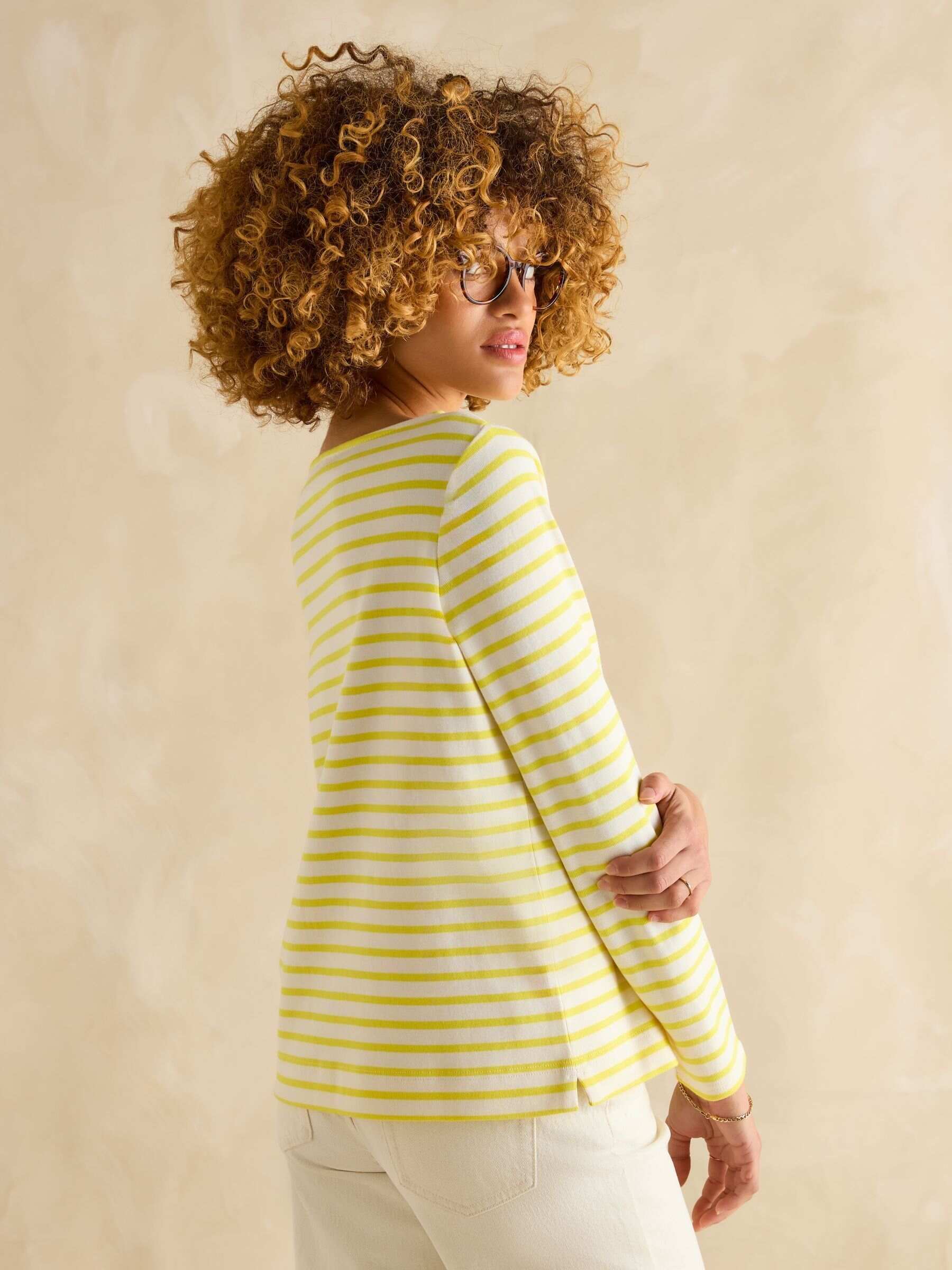 Harbour Yellow/White Boat Neck 100% Cotton Breton Top