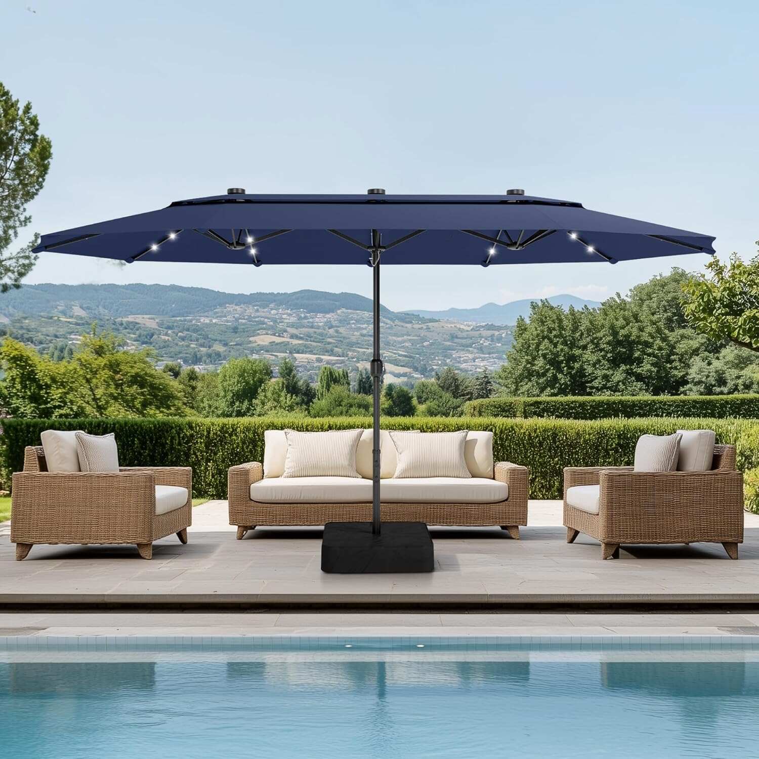15ft Double-Sided Rectangular Patio Umbrella with Solar LED Lights & Base