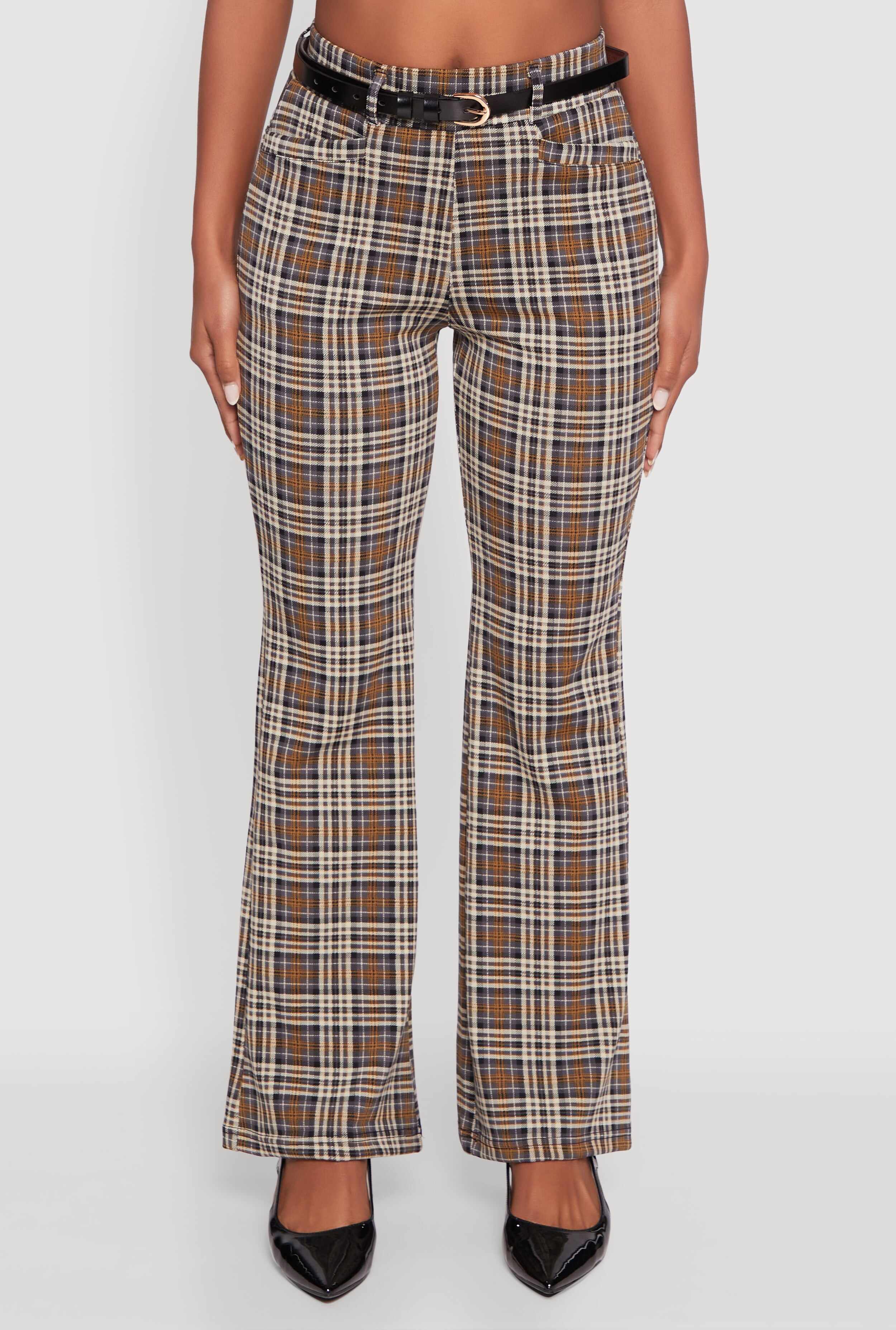 High Waisted Plaid Boot Cut Trousers with Belt