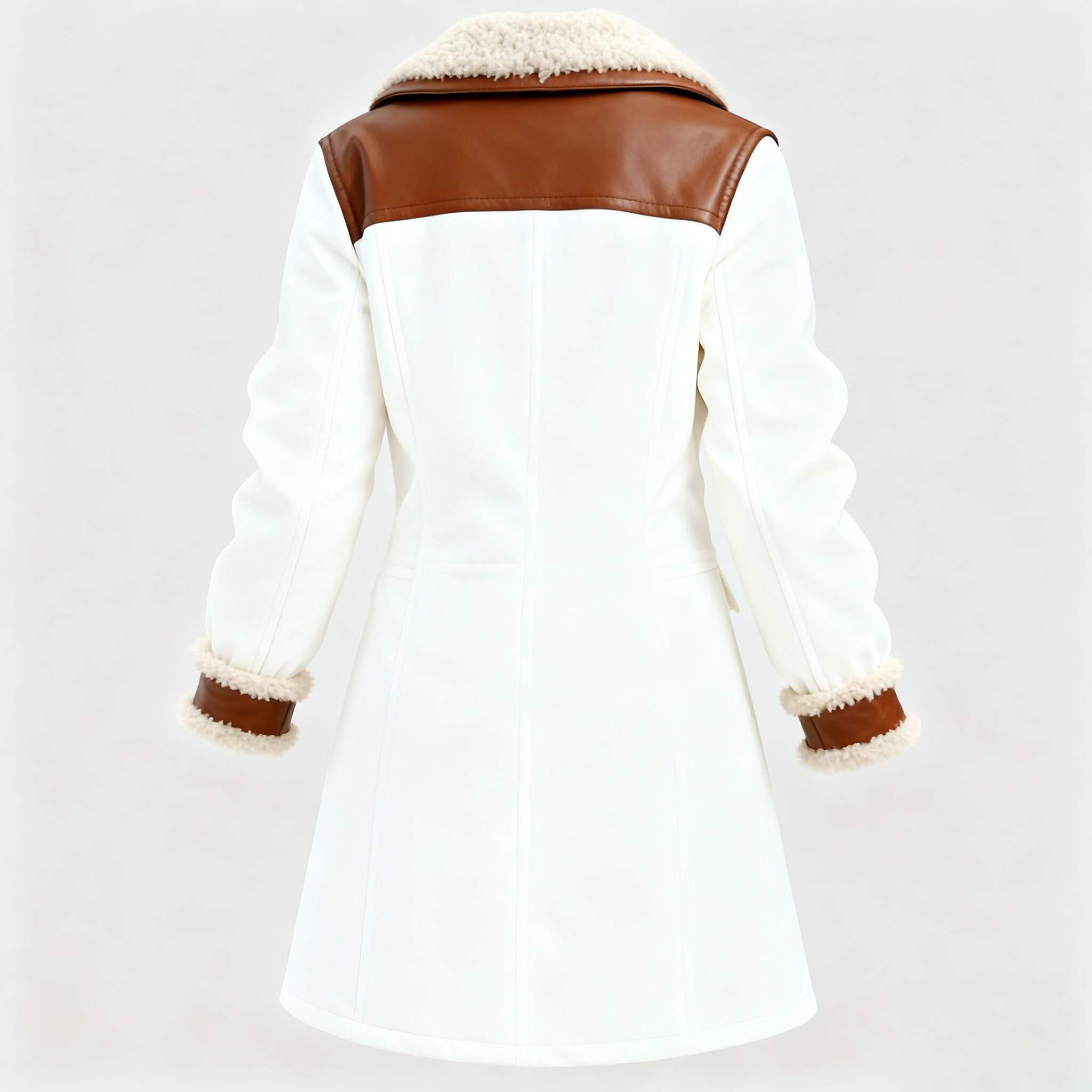 Women's Vintage White Leather Contrast Fleece Faux Fur Lining Coat-Khaki