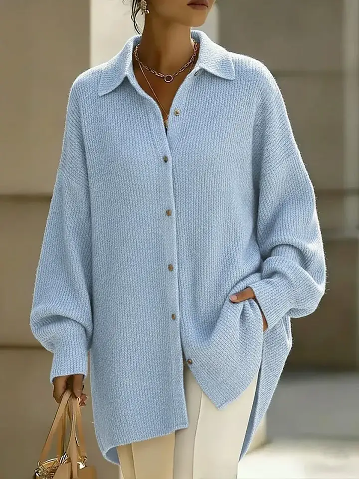 🔥Summer Arrivals🌟Women's Solid Color Lapel Long-sleeved Casual Loose Knit Cardigan