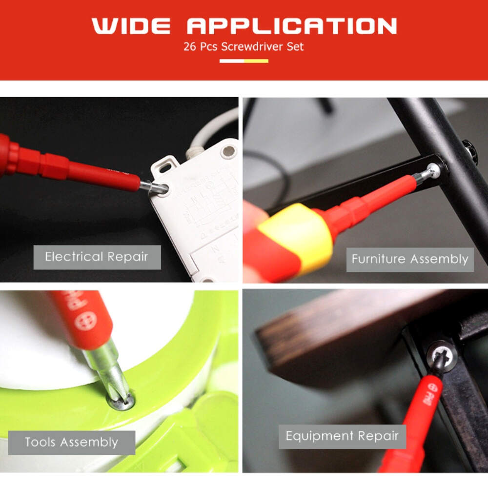 26 In 1 1000V Insulated Screwdriver Set For Electrician, Dual Head Precision Removable Magnetic Bits Slotted Torx Hex Square Screwdrivers