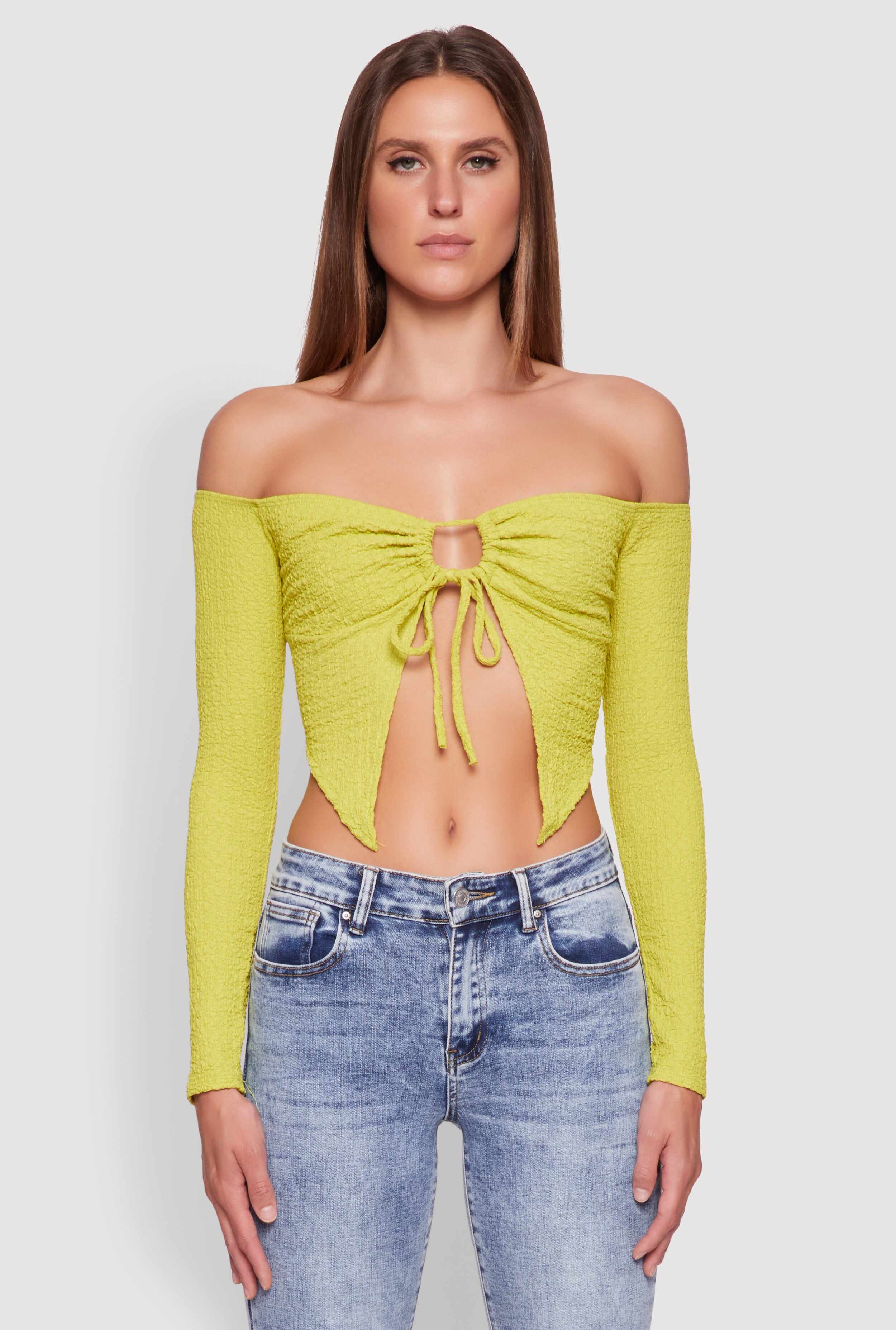 Trendy Off Shoulder Textured Knit Tie Front Crop Top