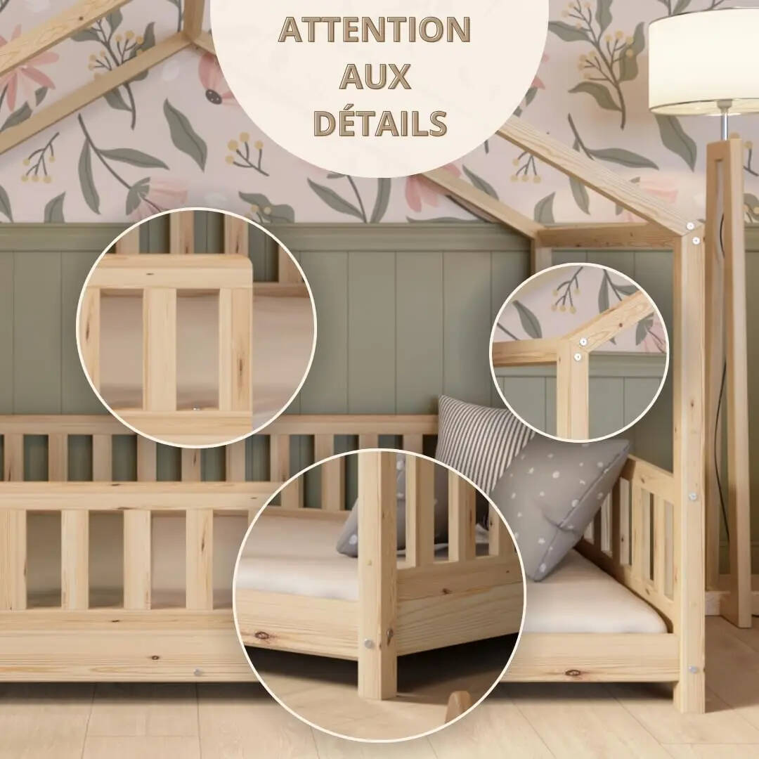 Clearance Sale Crazy Pine Cabin Bed 160x80 cm – Natural Wood Children's Bed with Barrier – Montessori Floor Bed with Height-Adjustable Legs and Removable Barrier - Crazy House