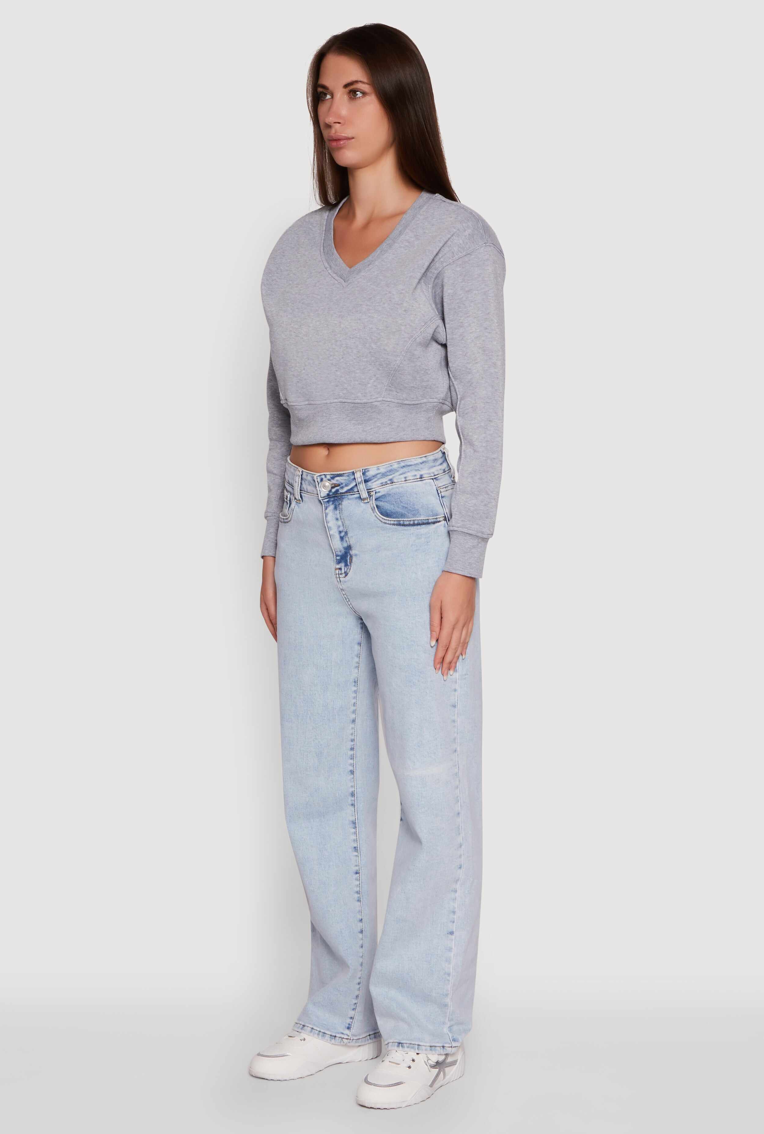 Fleece Lined V-Neck Crop Sweatshirt