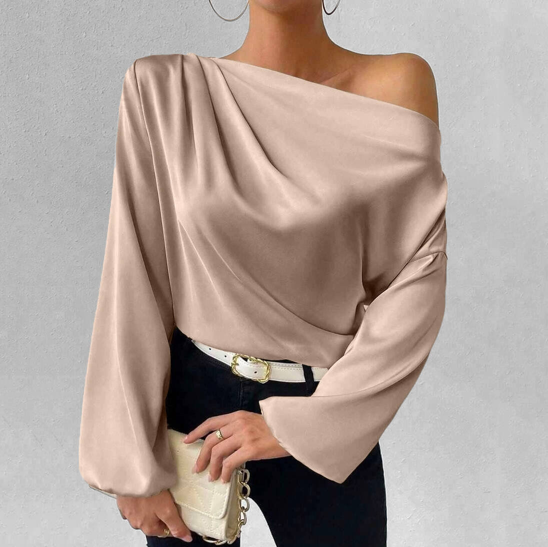 Women's Elegant Draped Skew Neck Long Sleeve Solid Satin Blouse