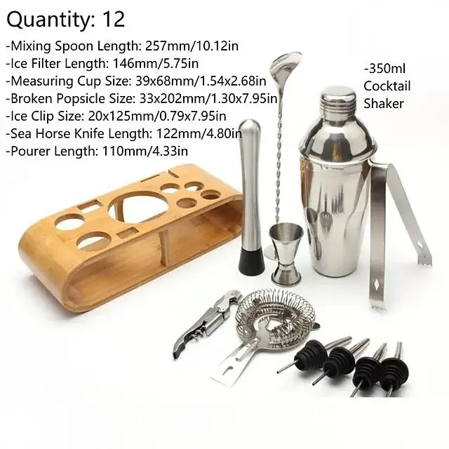 Insulated Cocktail Shaker Bartender Kit Cocktail Shaker Mixer Stainless Steel 350ml Bar Tool Set with Stylish Bamboo Stand Perfect Home Bartending Kit and Martini Cocktail Shaker Set