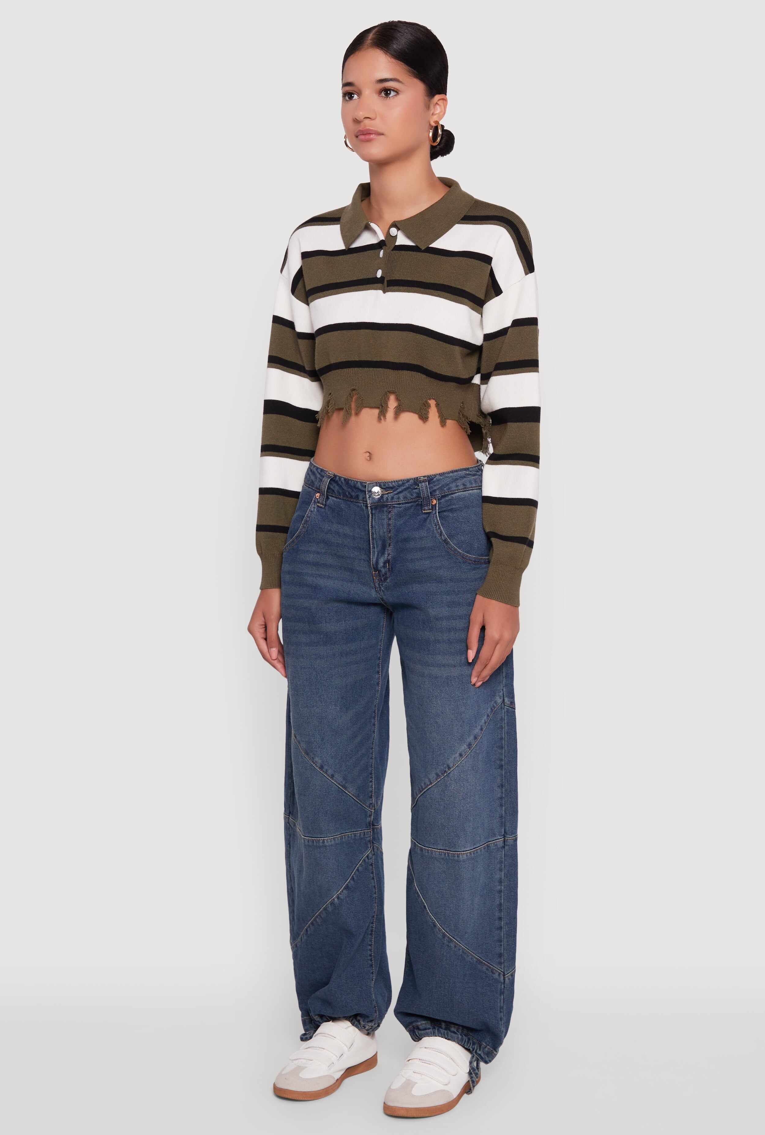 Striped Polo Collar Frayed Hem Crop Sweater