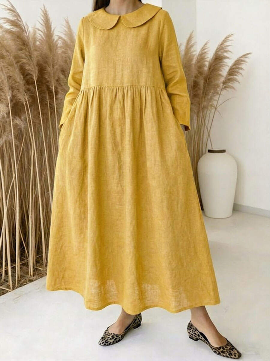 🔥Summer Arrivals🌟Women's solid color Peter Pan collar long-sleeved casual loose cotton and linen dress
