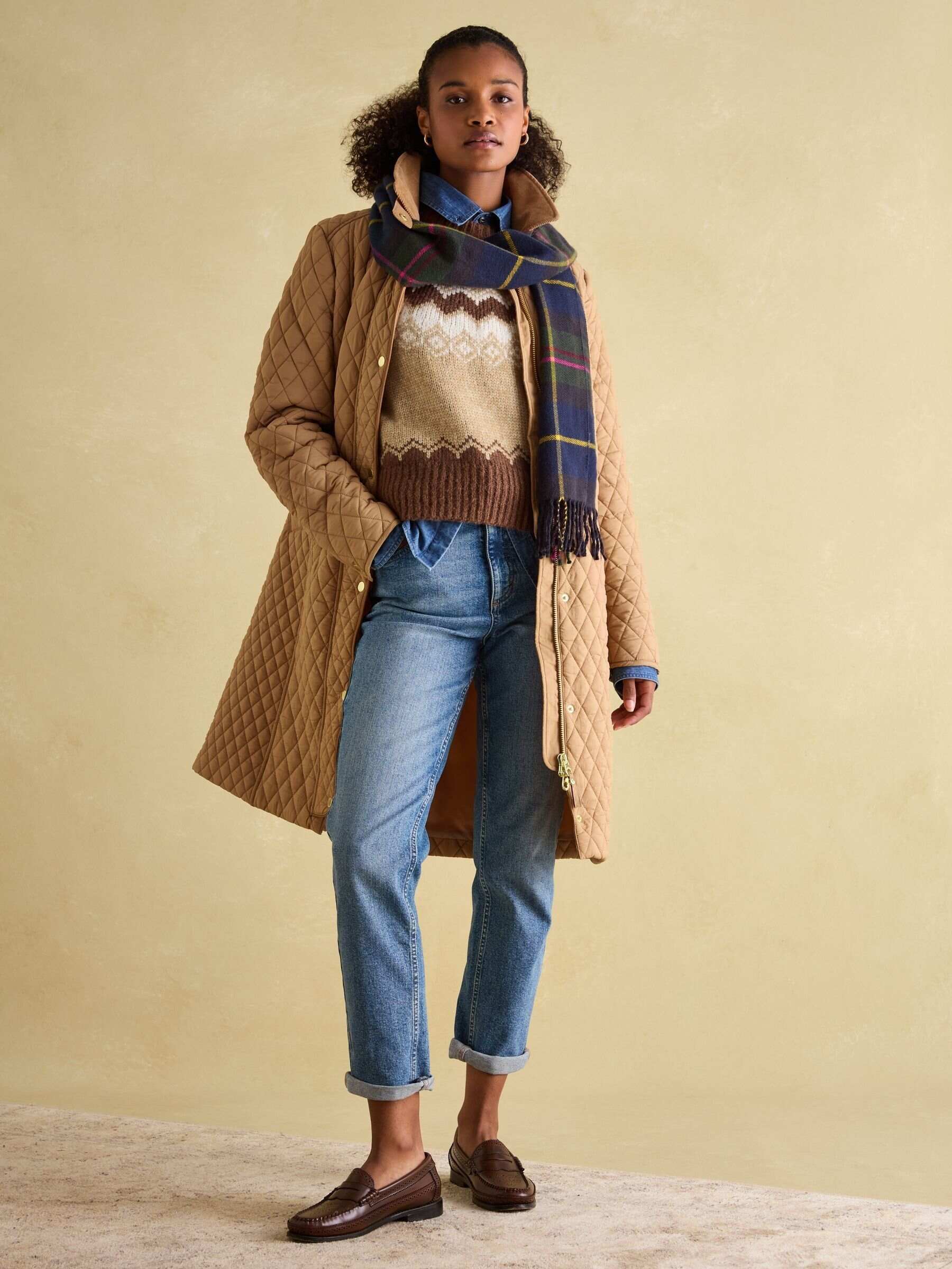 Rosewell Tan Brown Showerproof Longline Diamond Quilted Coat