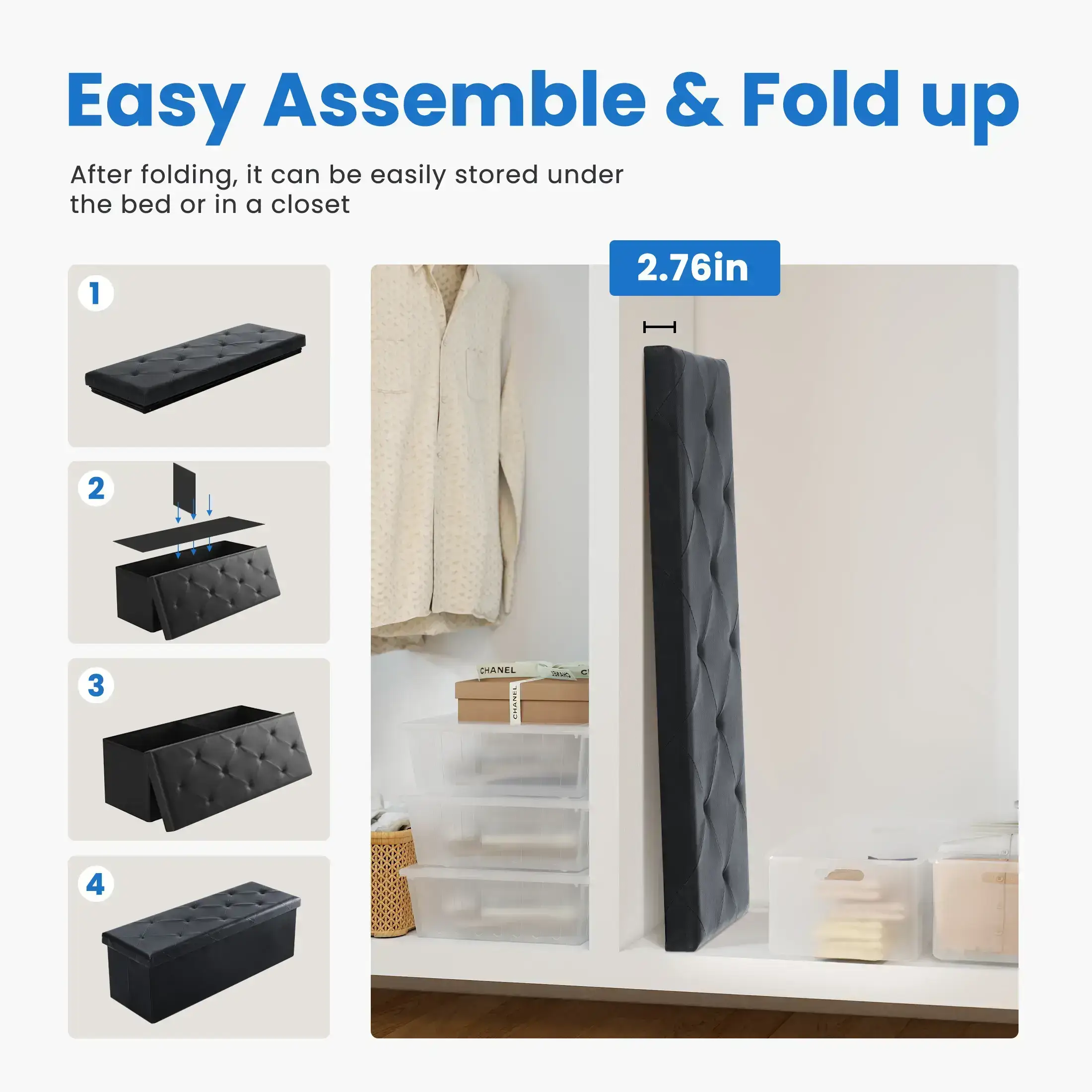 Folding Storage Ottoman Bench Modern Linen Fabric Padded Seat Large Toy Box End of Bed Entryway Comfortable Durable Multifunctional Seater