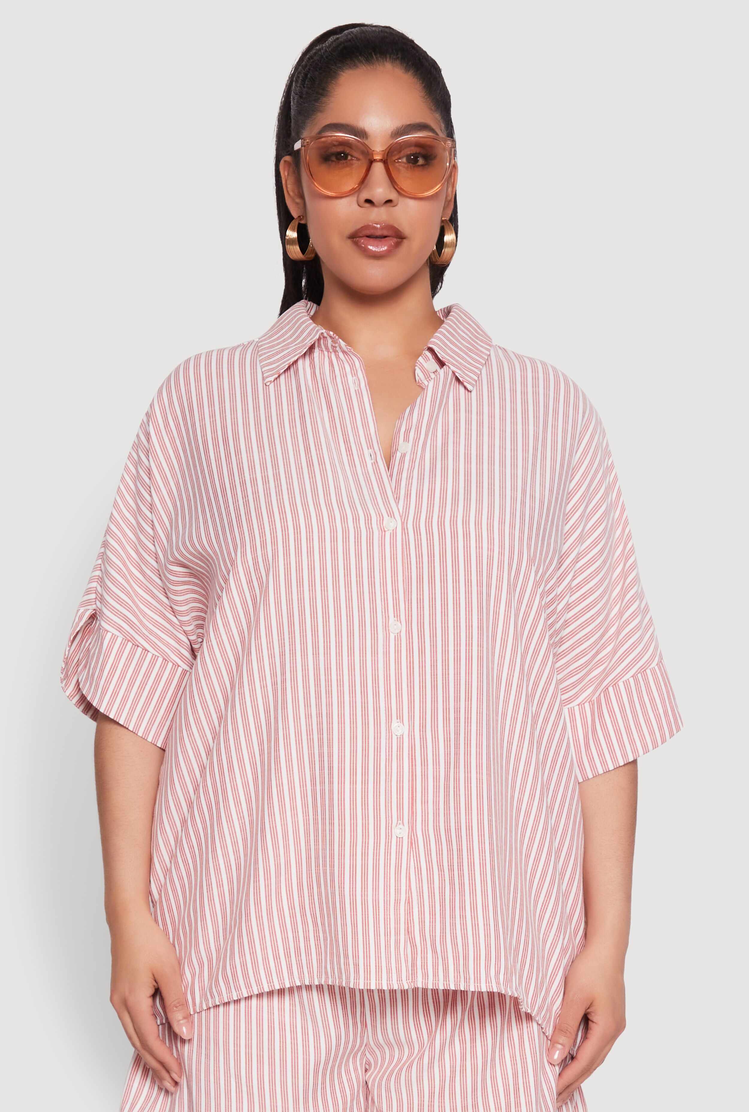 Plus Size Striped Button Front Shirt