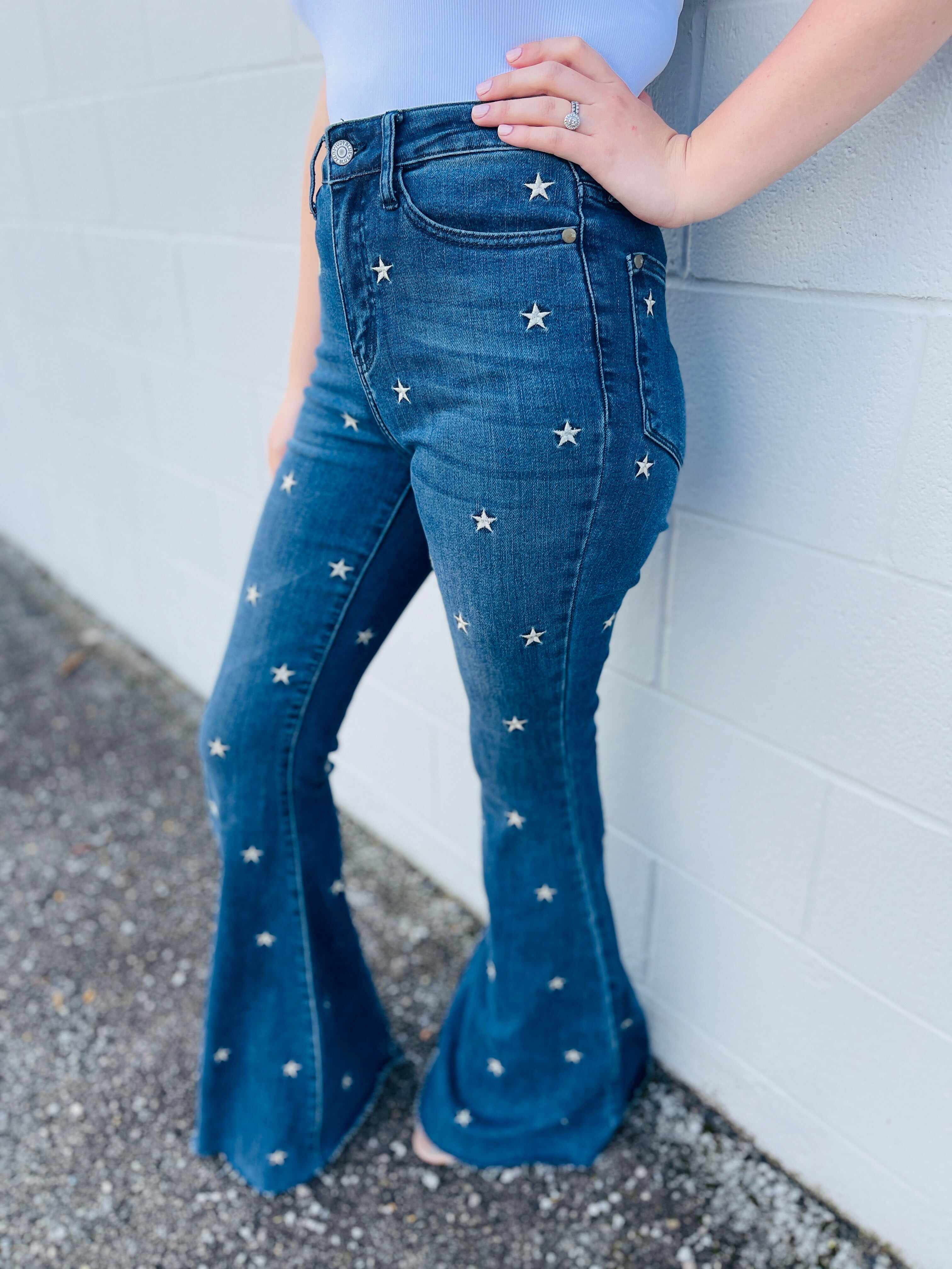 PLUS/REG Wishing On A Star Embroidered Flared Jeans