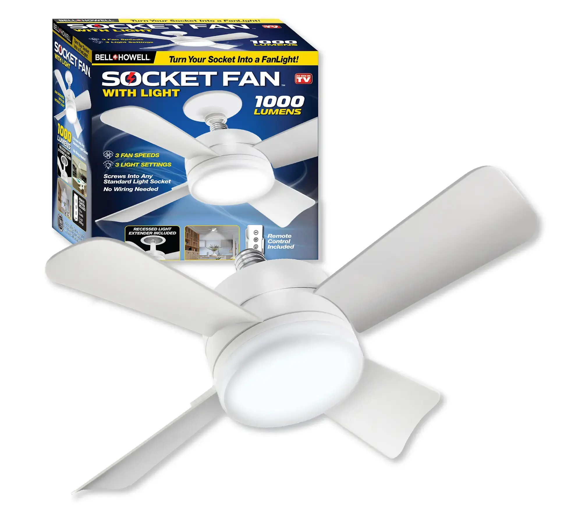 2-in-1 Socket Ceiling 3 Speed Fan & LED Light with Remote