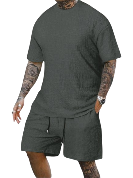 8 Pack-Men's Solid Textured Round Neck Tee & Drawstring Waist Shorts