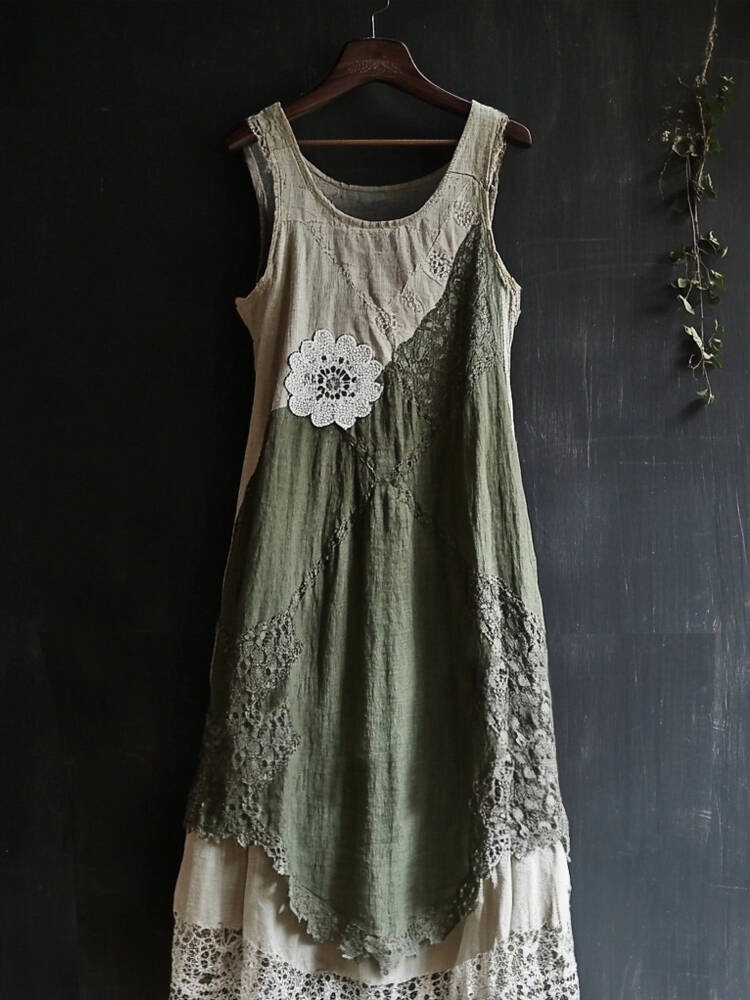 Vintage Lace Patchwork Comfy Linen Tank Dress