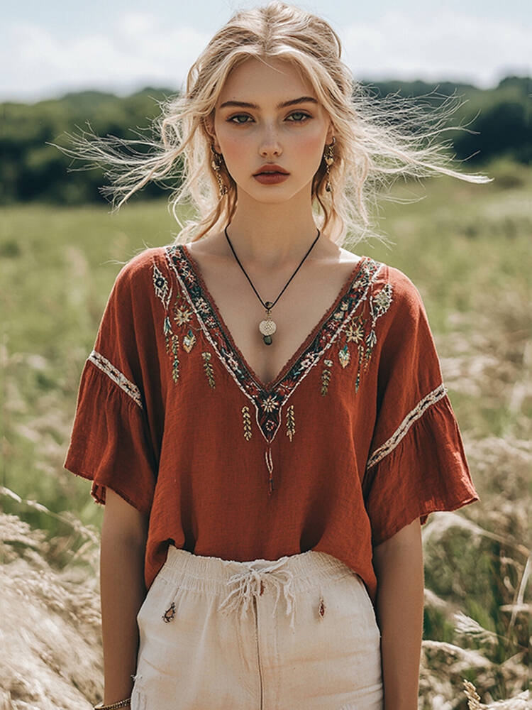 Women's Bohemian Retro Flowers Round Neck T-shirt