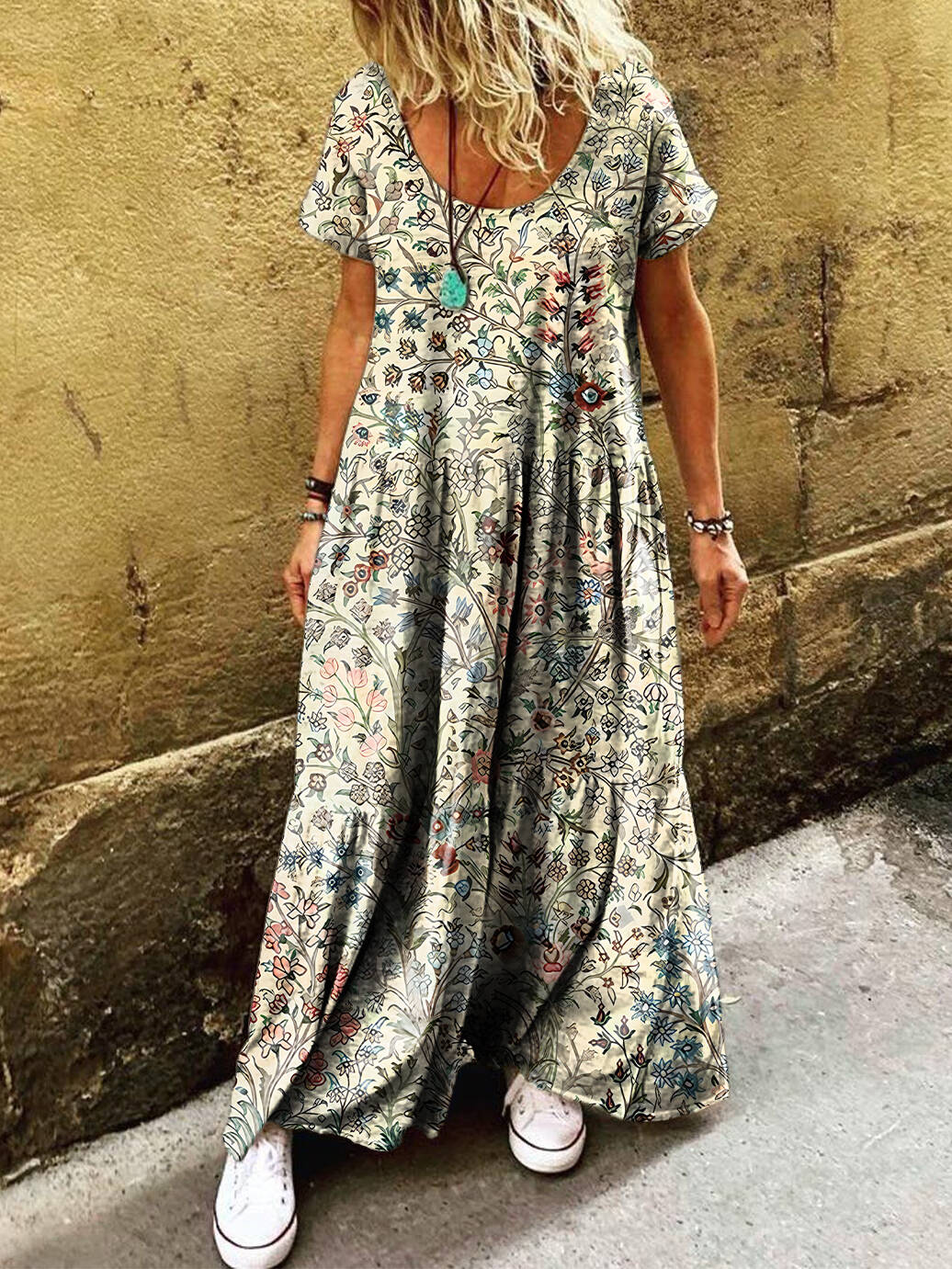 Women's  Vintage Floral Art Print Pocket Short Sleeve Cotton Dress