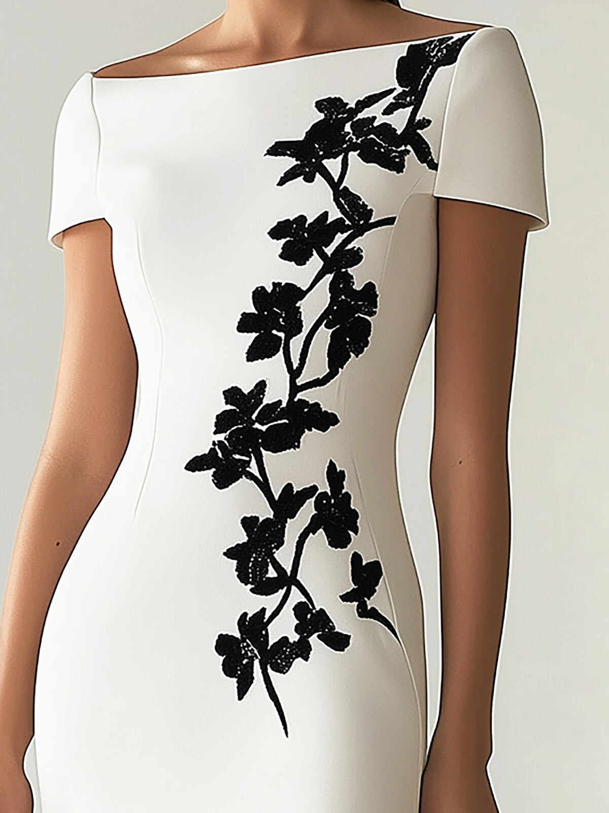 Chic Boatneck Dress with Asymmetrical Floral Print