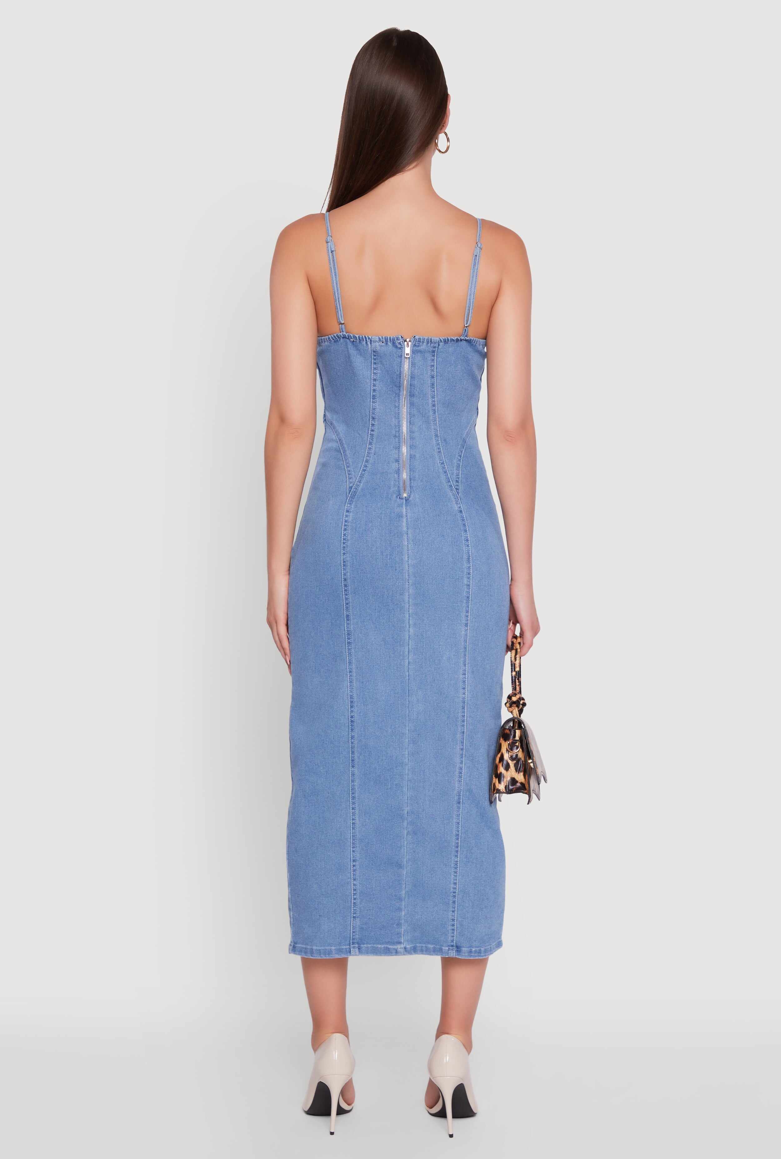 Denim Pintuck Scoop Neck Side Slit Dress