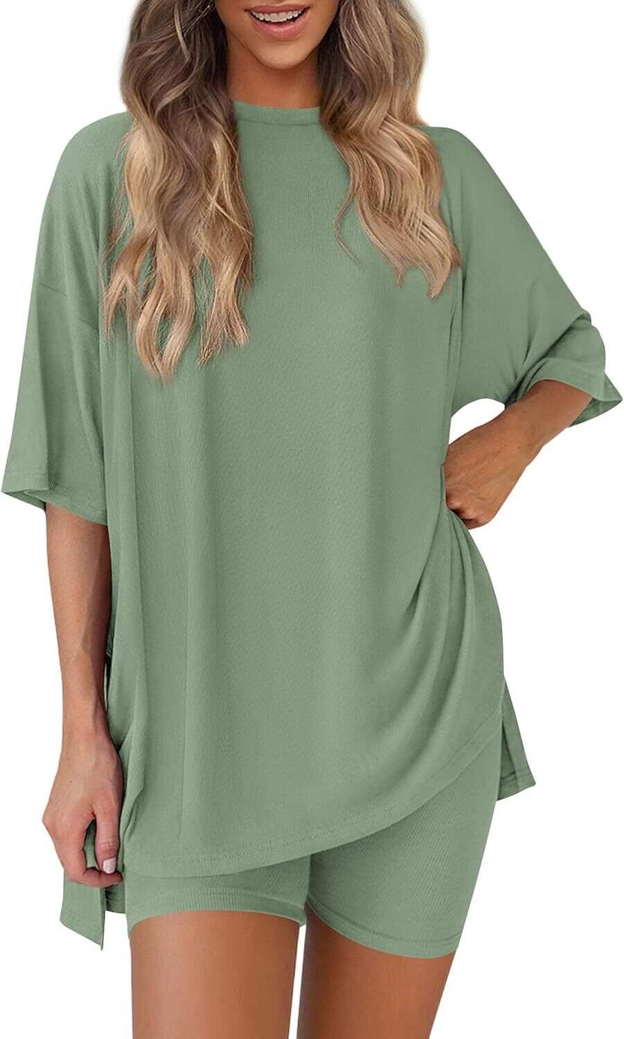 🔥Flash sale🔥Women's Two Piece Lounge Set 2026 Summer Casual Oversized Shirts  Biker Shorts Matching Airport Travel Outfit
