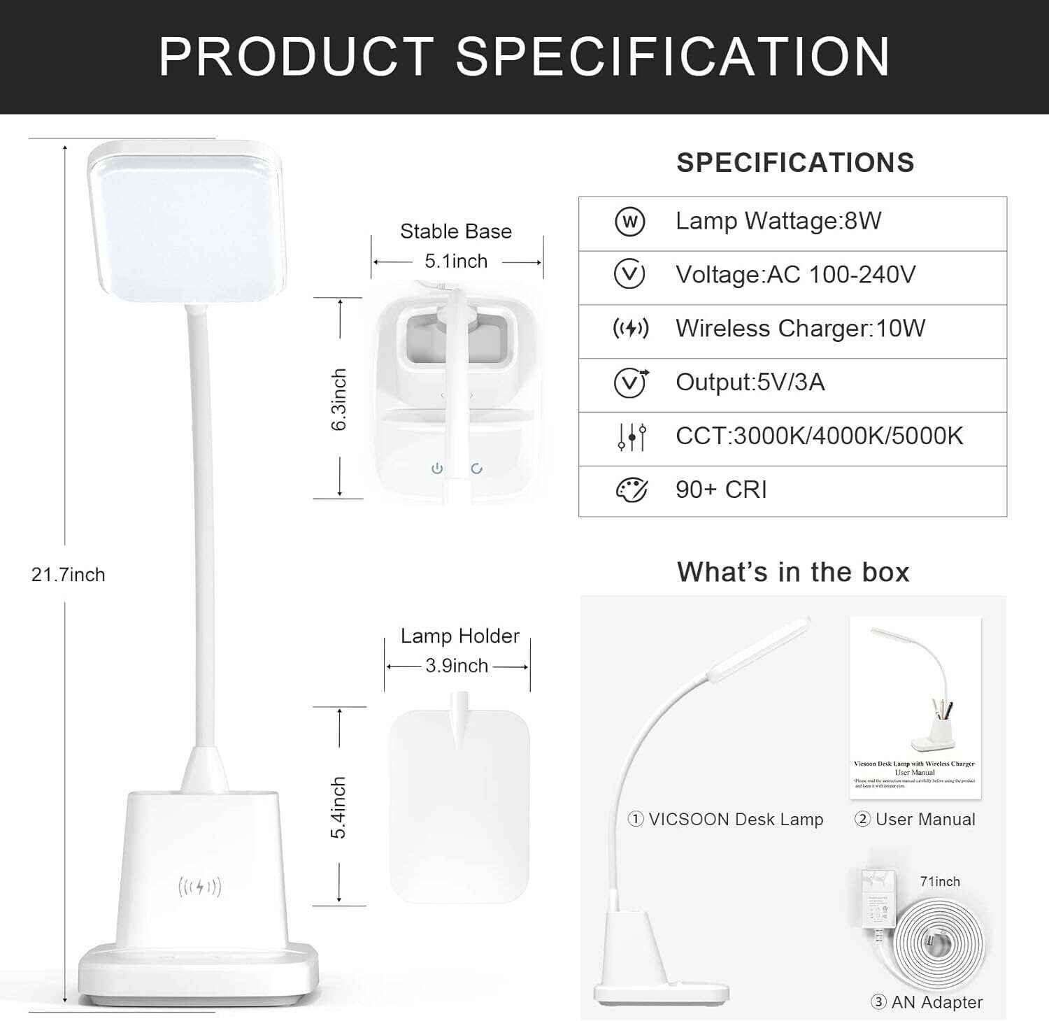 Desk Lamp with Wireless Charger, LED Desk Lamps for Home Office, 800 Lumens, Small Desk Lamp with Pen Holder, Flexible Arm, 3 Modes, Dimming, Touch Lamp for College Dorm Room