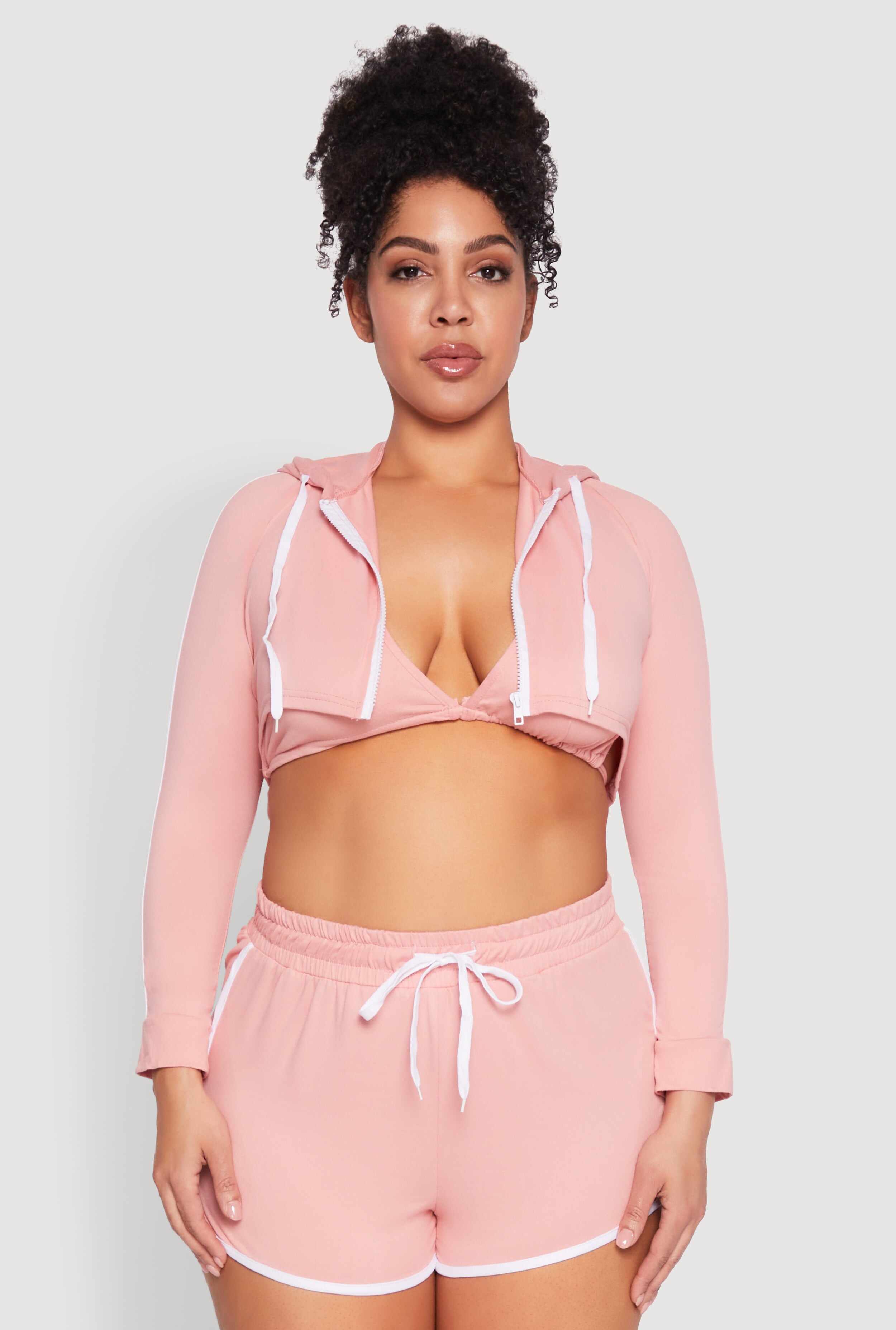 Plus Size Varsity Stripe Zip Front Cropped Hoodie