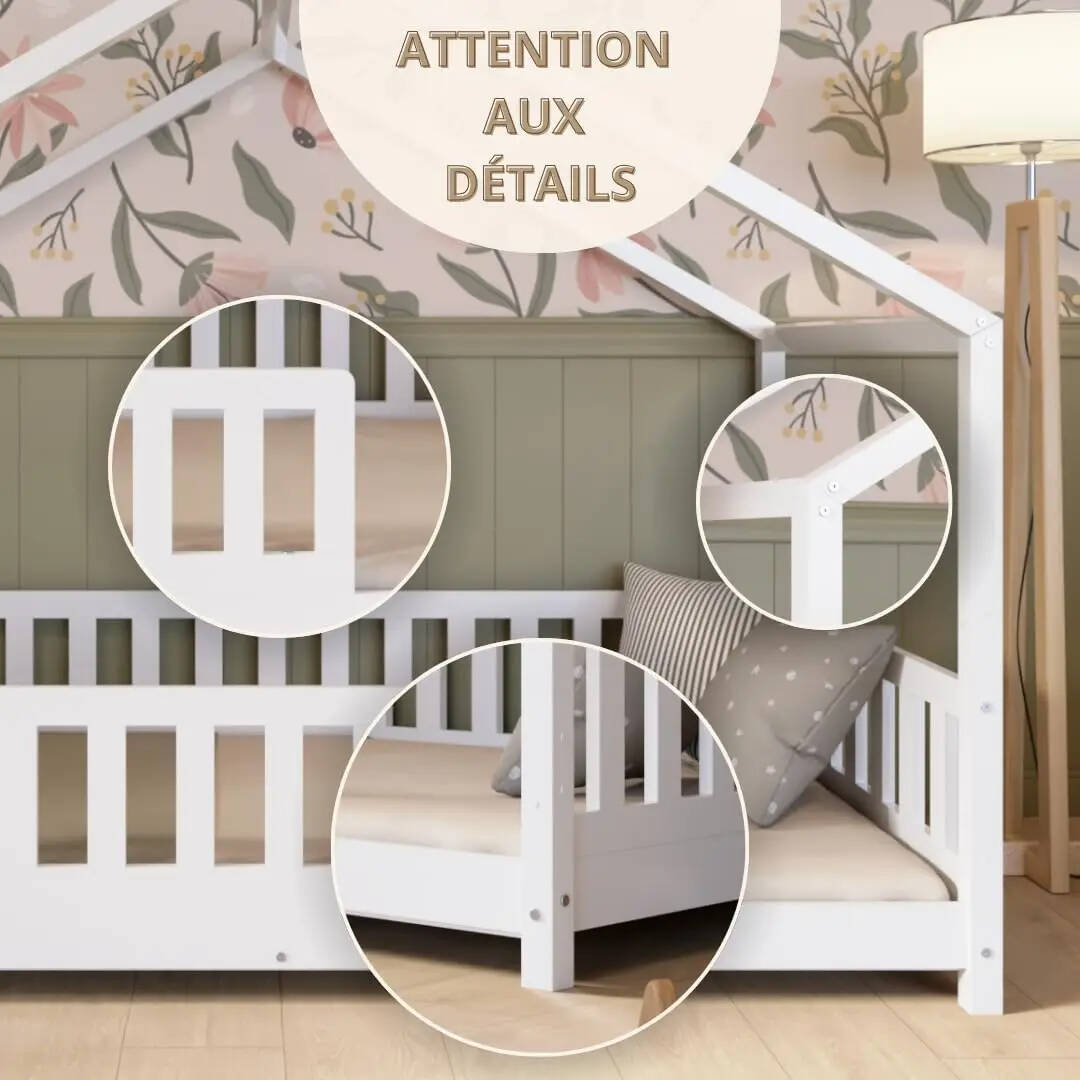 Clearance Sale Crazy Pine Cabin Bed 160x80 cm – Natural Wood Children's Bed with Barrier – Montessori Floor Bed with Height-Adjustable Legs and Removable Barrier - Crazy House