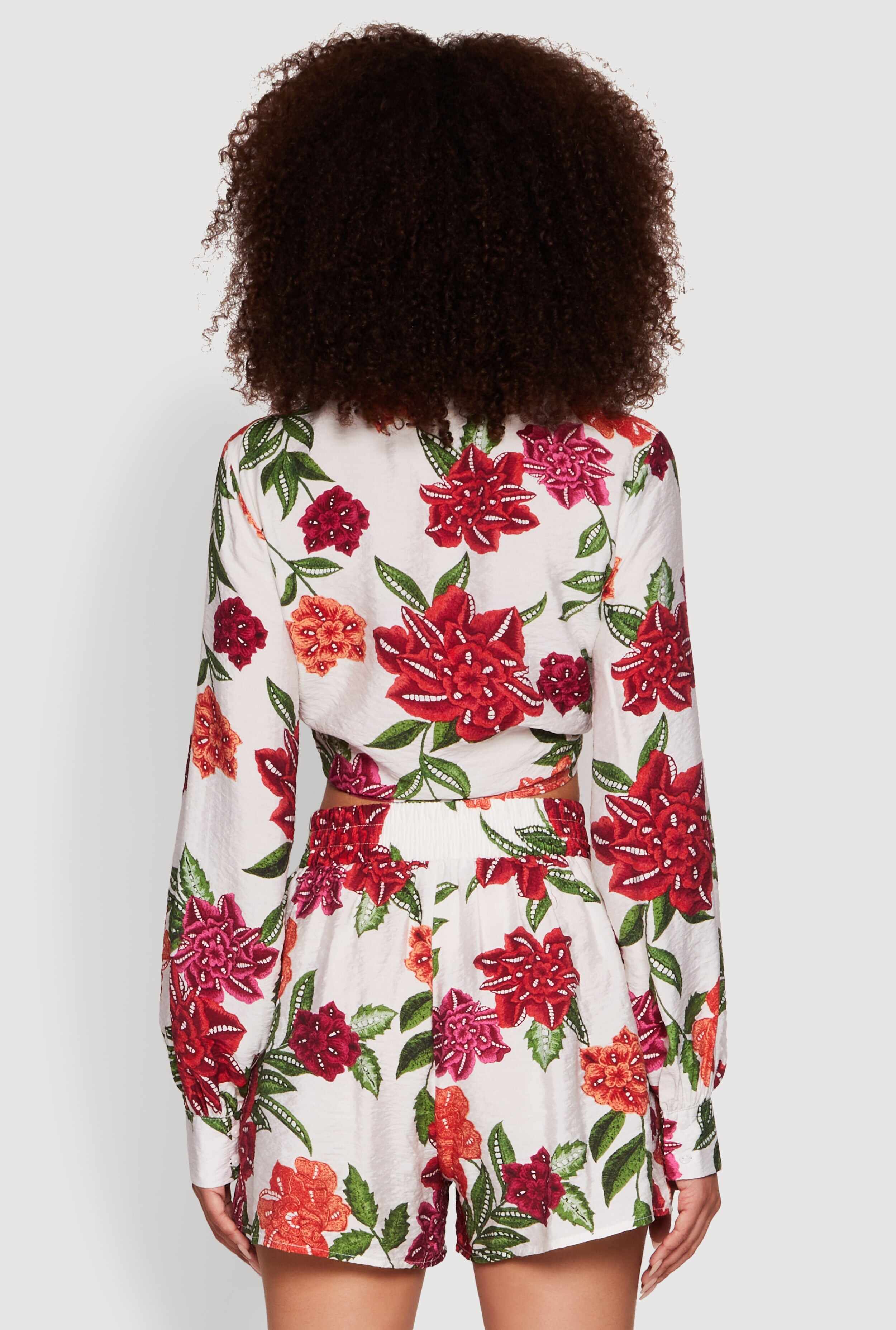 Chic Floral Long Sleeve Tie Front Crop Top