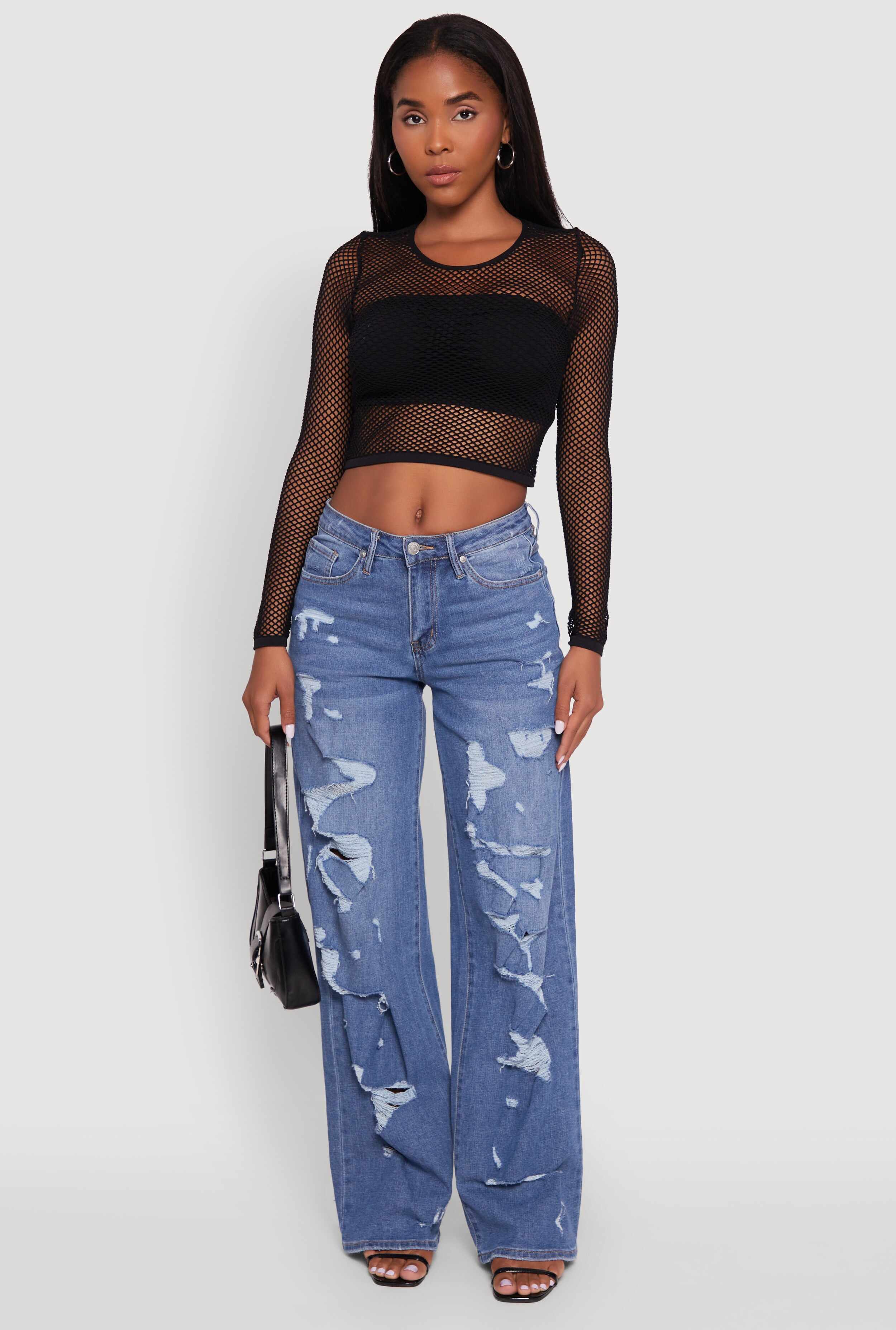 Fishnet Long Sleeve Solid Crop Top