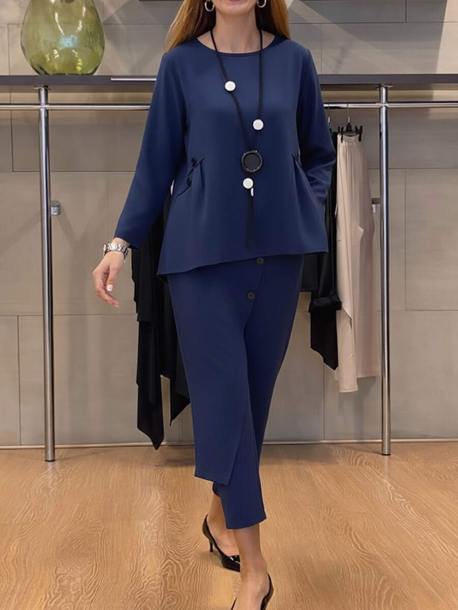 🔥Summer Arrivals🌟Women's Solid Color Round Neck Long Sleeve Casual Loose Top And High Waist Casual Loose Wide Leg Pants Cotton Set