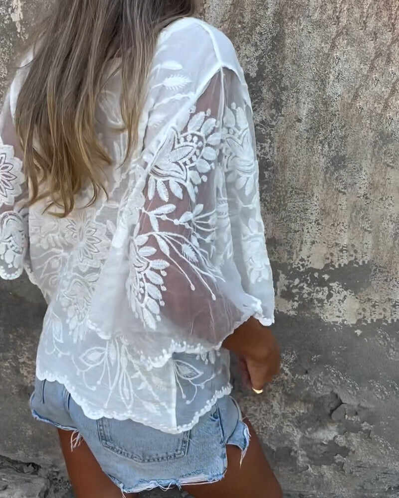 Aumora Butterfly Sleeve Round Neck Embroidered Blouse