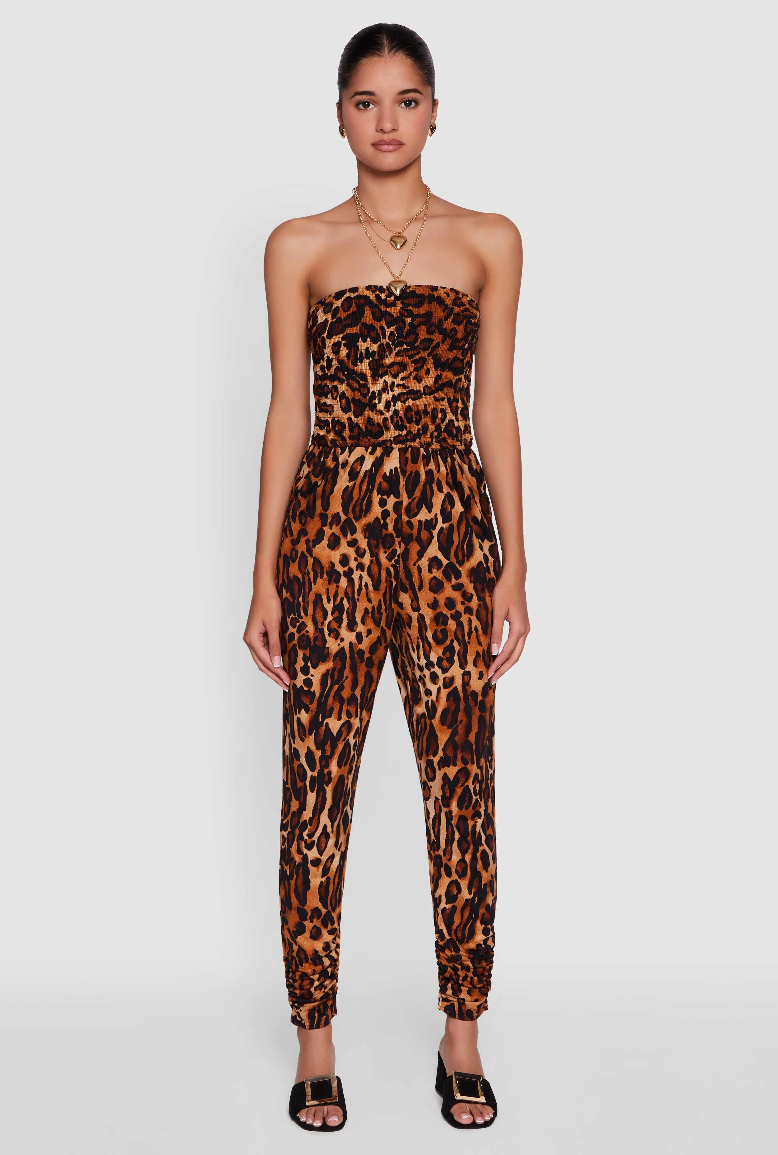Leopard Print Smocked Tube Jumpsuit