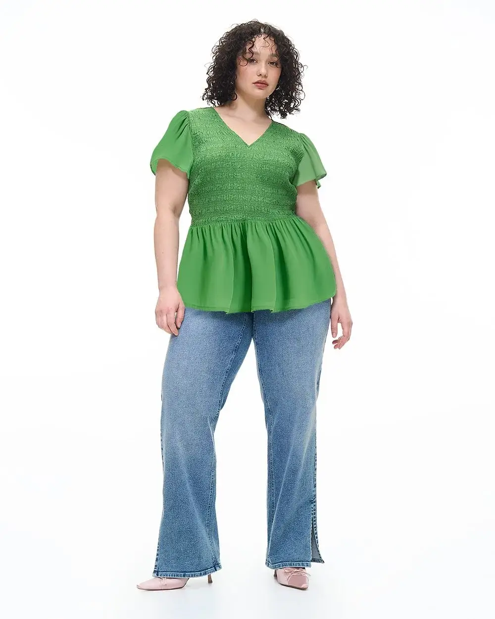Blouse with Smocking, Short Flutter Sleeves - Addition Elle