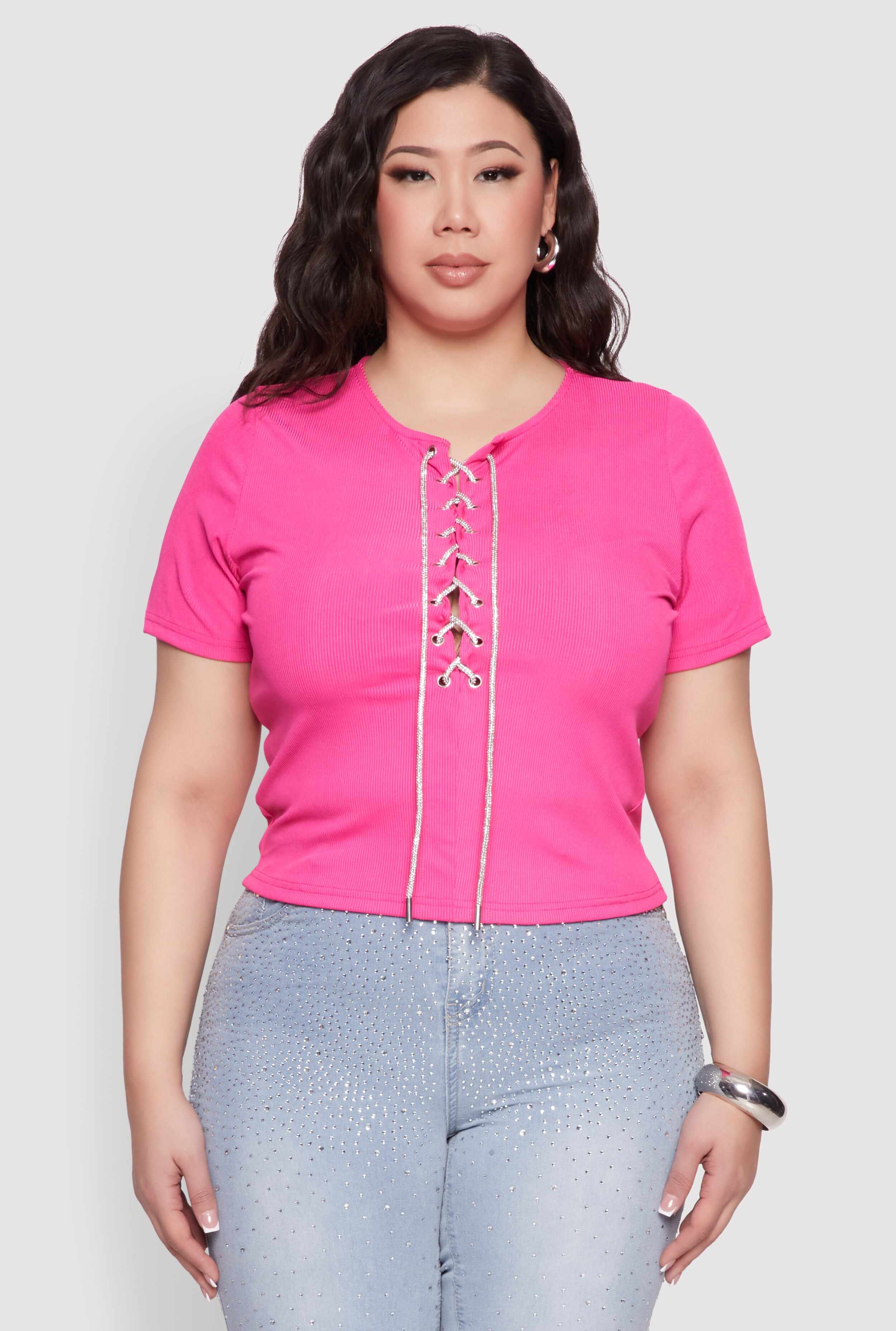 Plus Size Rhinestone Lace Up Short Sleeve Top