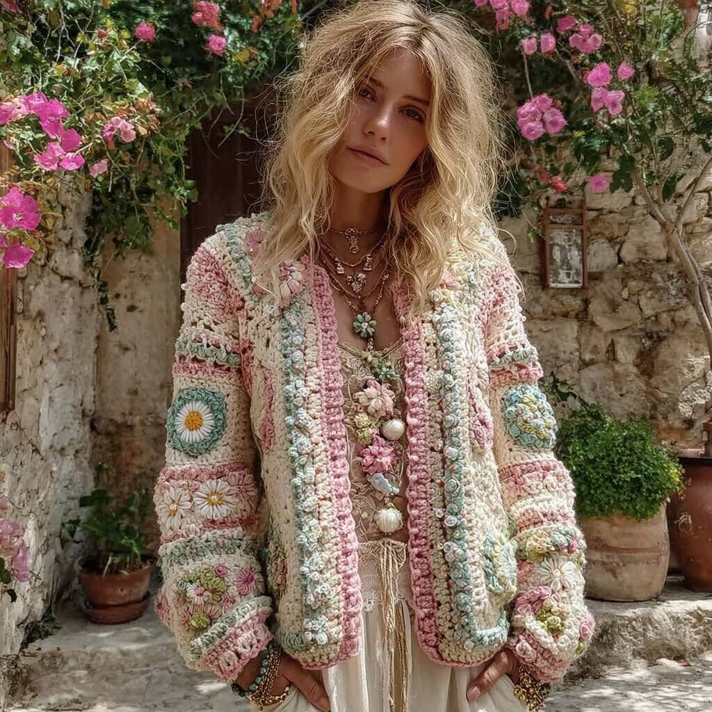 Women's Boho Colorblock Granny Check Chunky Knit Cardigan Sweater