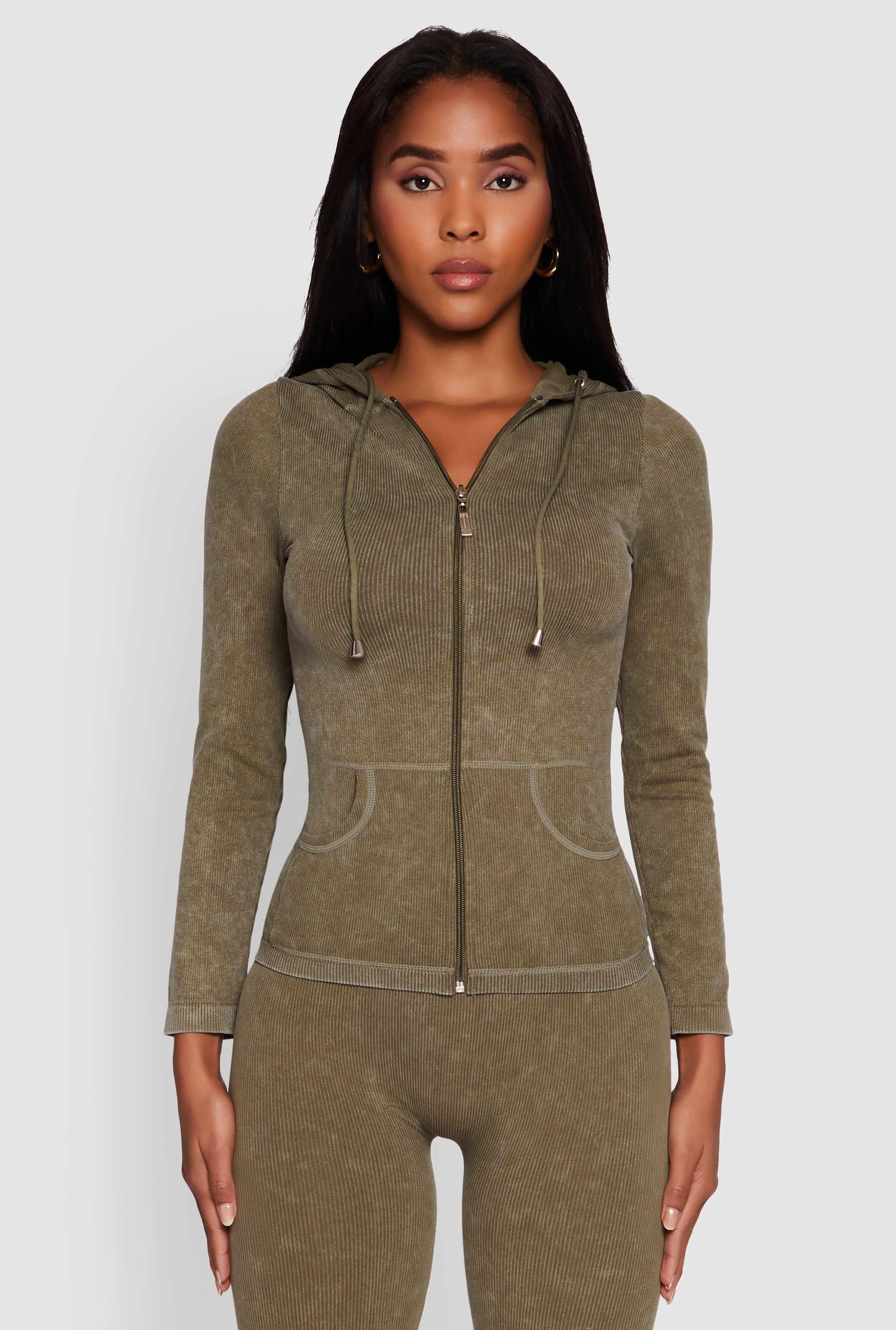 Seamless Acid Wash Zip Front Hooded Sweatshirt